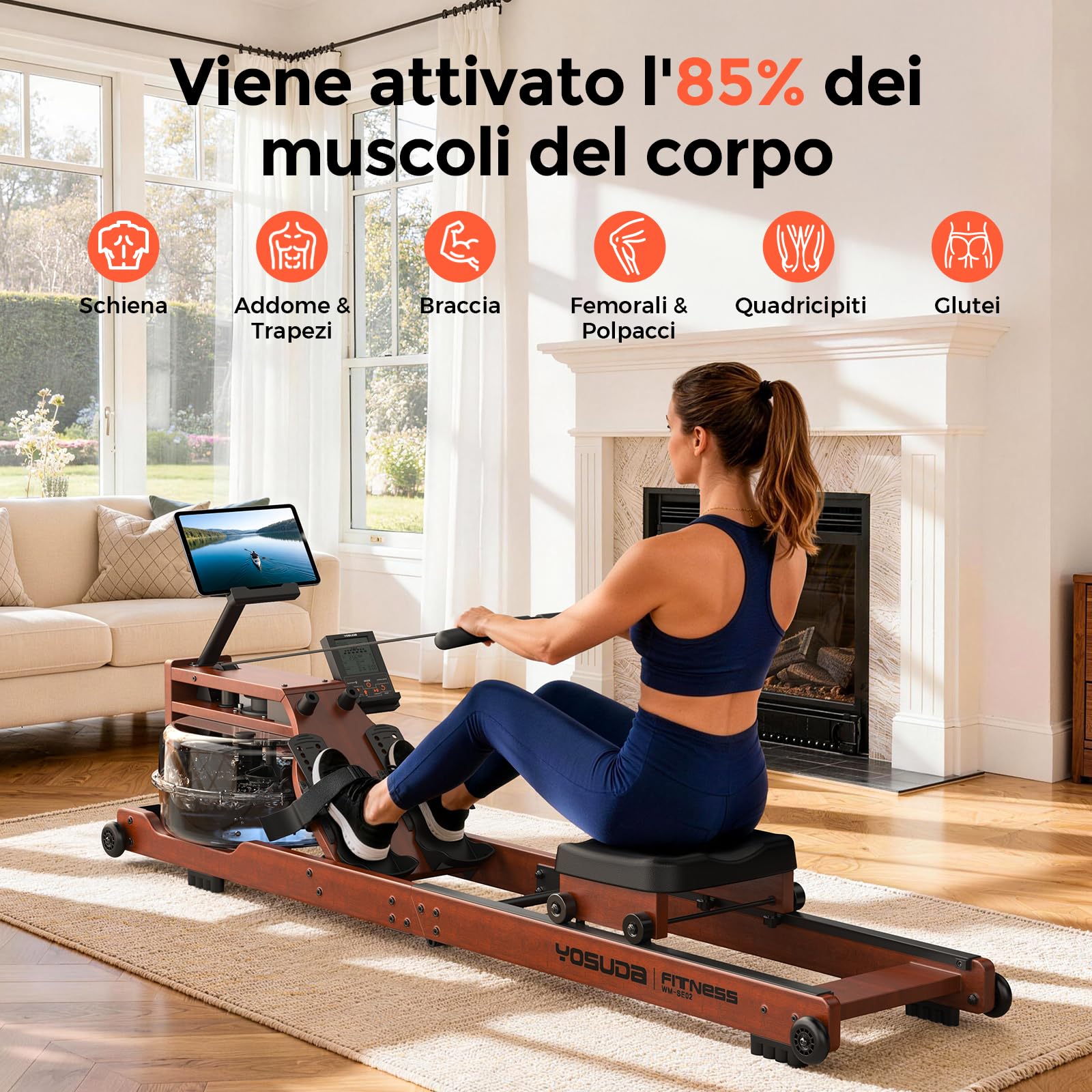 YOSUDA Vogatore pieghevole per casa, grande serbatoio 22L, APP/Bluetooth, design ultra silenzioso, supporto telefono regolabile, 190cm/182kg, pre-assemblato al 98%, vogatore professionale per casa