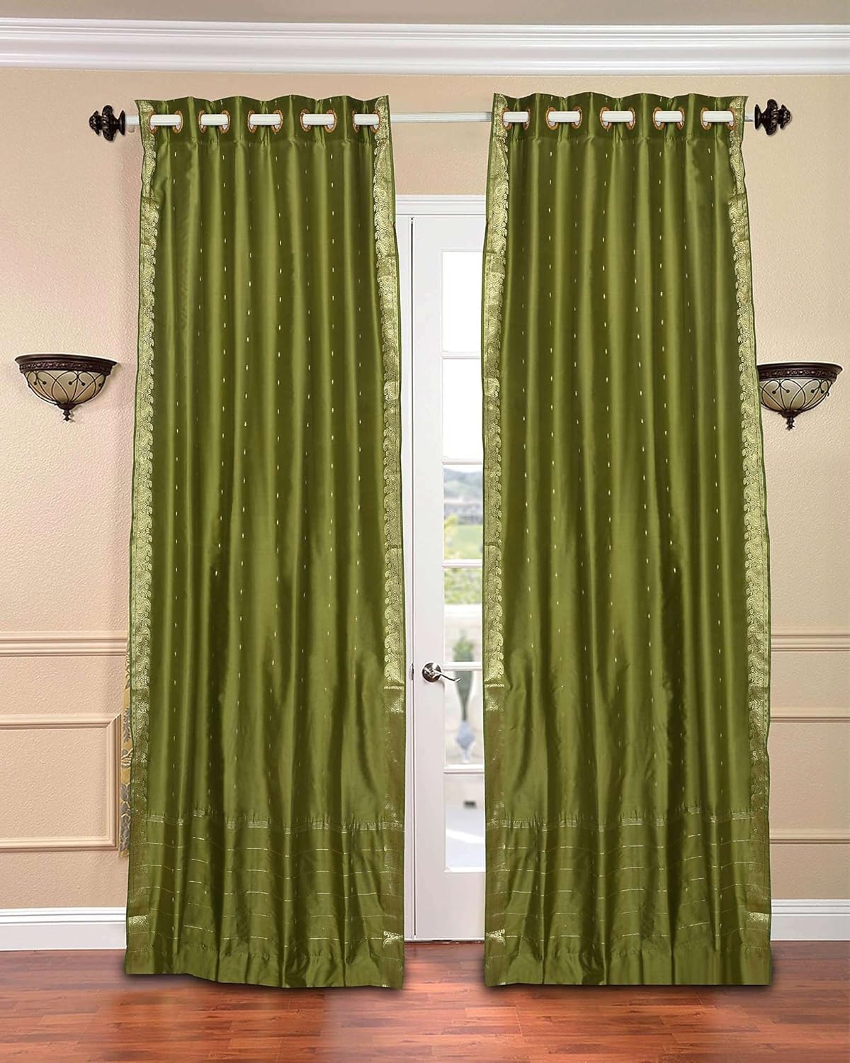 Olive Green Ring Top Sheer Sari Curtain/Drape/Panel - 43W x 84L - Piece