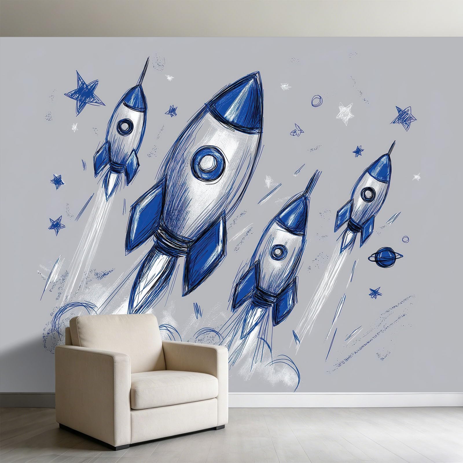 Papier peint panoramique fusée bleu chambre enfant tapisserie murale