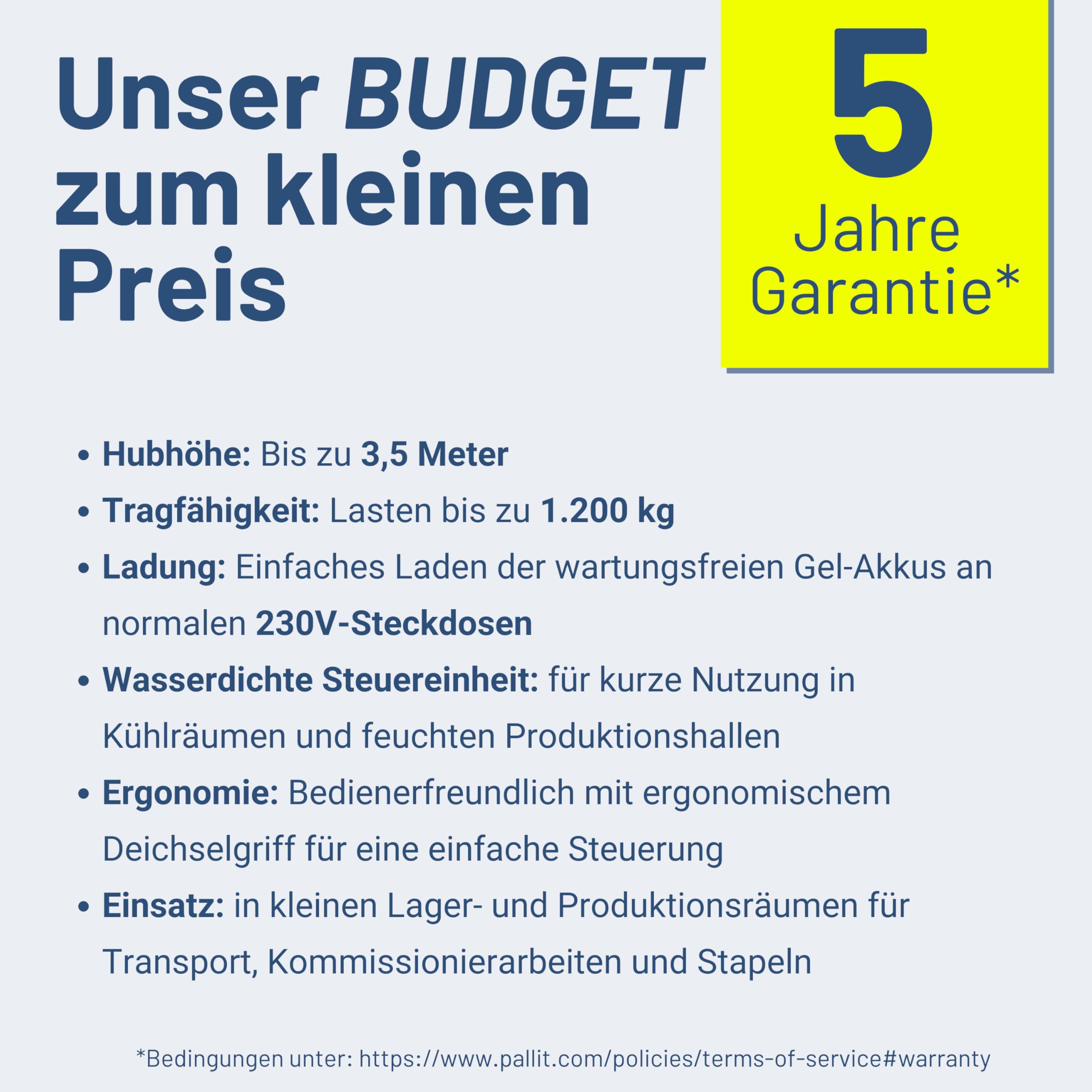 Pallit Budget-L Hochhubwagen Elektrisch Elektro Hubwagen 3500 mm Hubhöhe 1200 kg Tragkraft Flexibler & Wendiger Elektrischer Stapler inkl. 2 Blei-Gel-Batterien mit 100 Ah