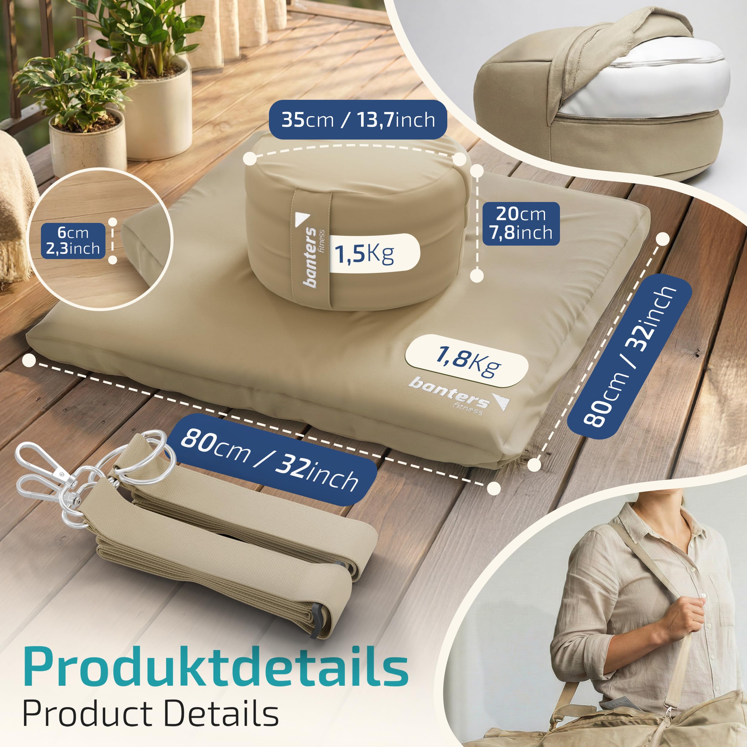 Banters Zabuton - Tappetino da meditazione, 80 x 80 x 6 cm, 100% cotone biologico, ergonomico, lavabile, con 5 minuti
