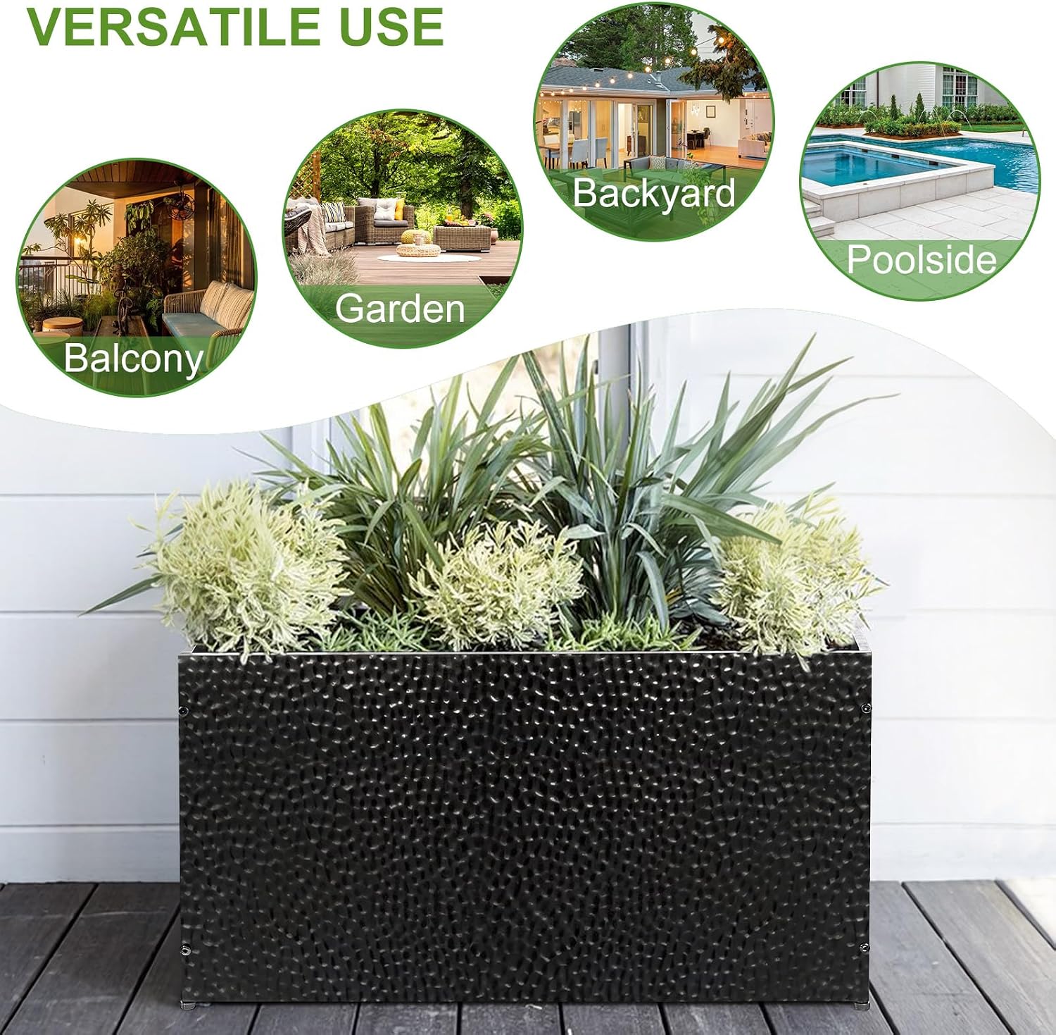 BAYN 30x12x16 Inch Rectangular Metal Planter Box – Black Hand-Hammered Metal Planter with Pre-Drill Holes, Heavy Duty Outdoor Garden Planter for Patio, Porch, Yard
