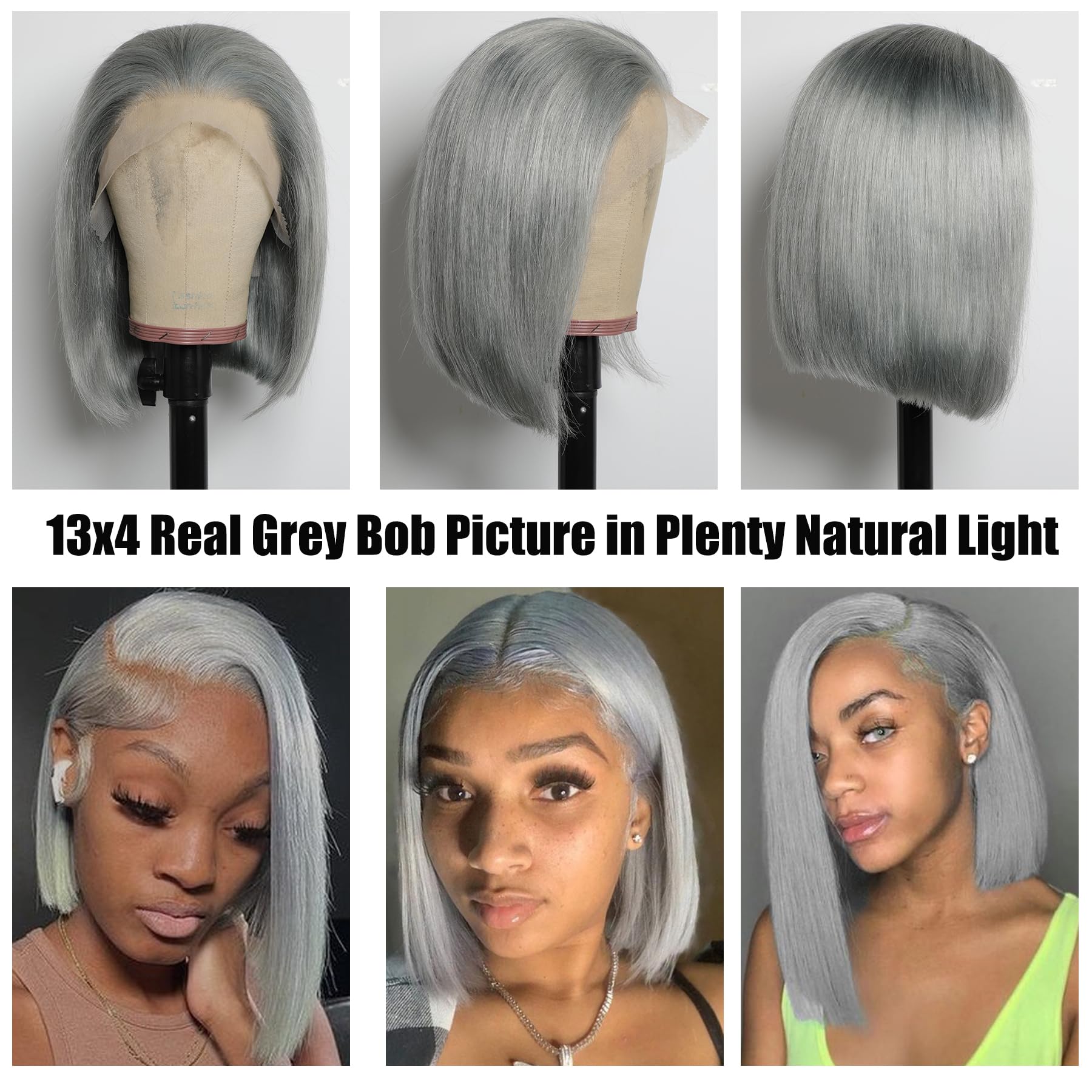 GIRLOFDREAMS Grey Bob Lace Front Wig Human Hair 13x4 Straight Frontal Wigs Glueless 180 Density Pre Plucked with Baby Hair Short Remy Transparent Lace Wigs for Black Women - Image 2
