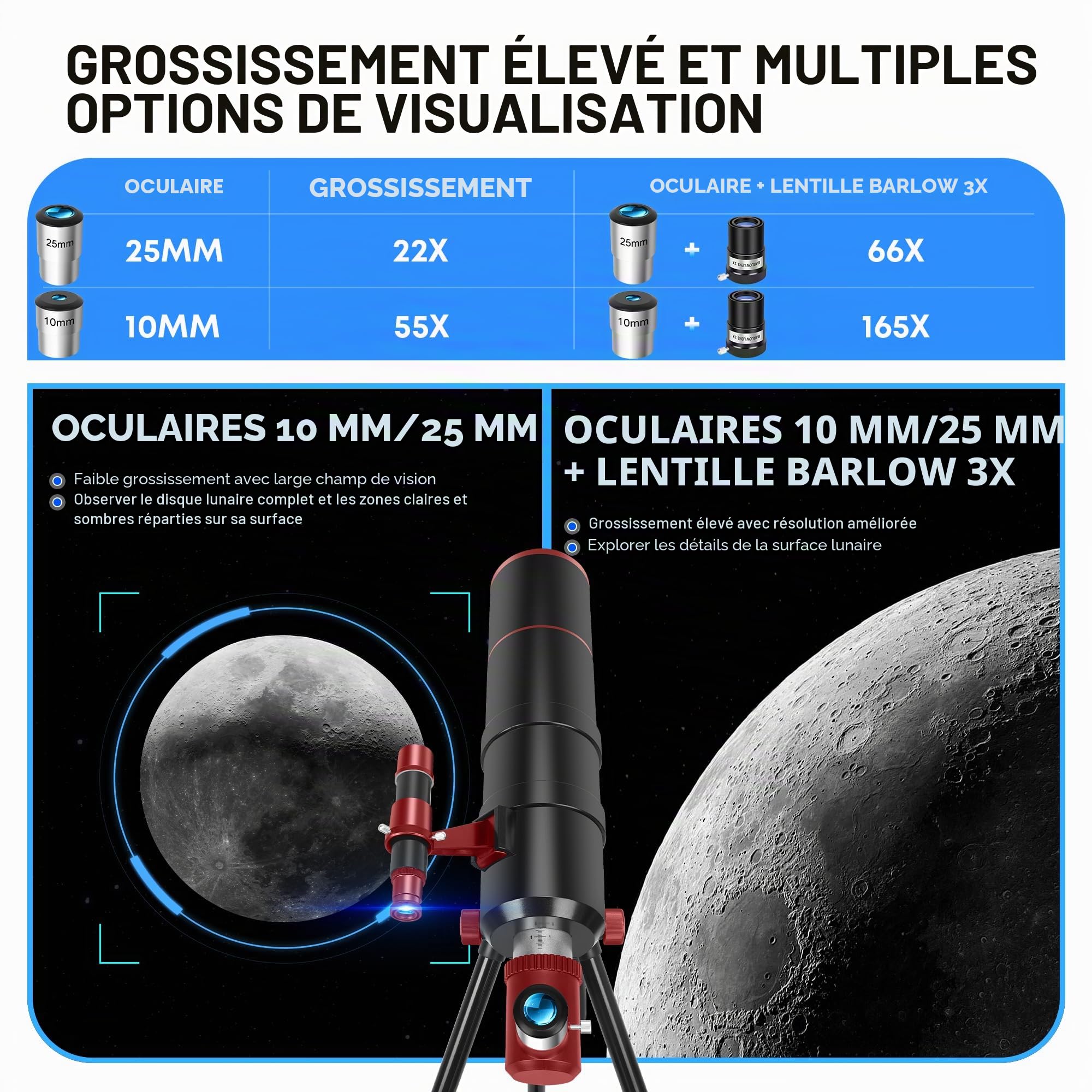 Dianfan Télescope 90/550 Astronomique pour Adultes, Télescope Réfracteur Portatif pour Débutants avec Monture AZ, Trépied, Adaptateur pour Smartphone, Sac de Transport et Tabouret Pliant
