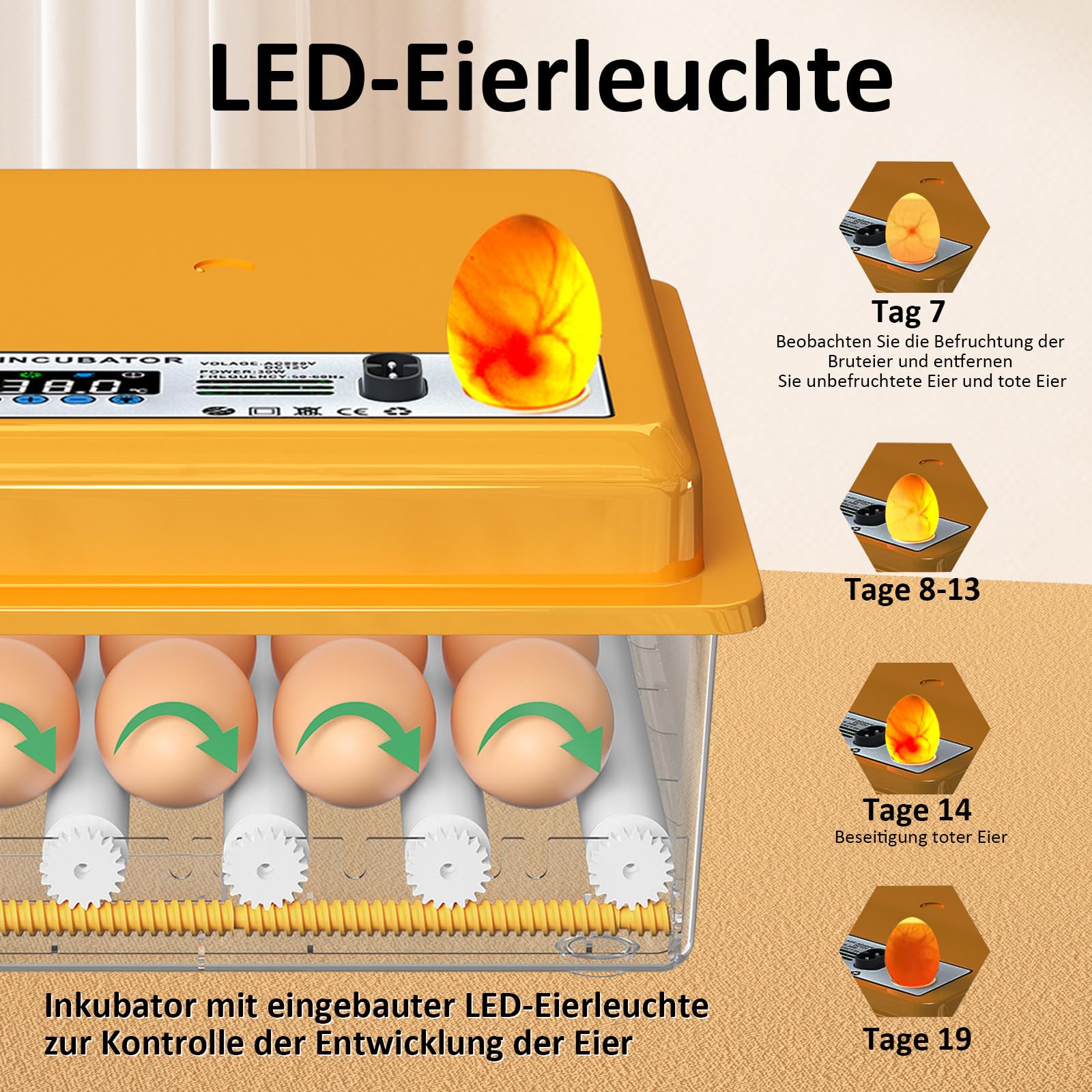 Brutautomat Vollautomatisch für 16 Eier mit Temperaturregelung automatischem Wenden, Inkubator Hühner mit verstellbaren Walzen und automatischer Wasserzugabe, Brutmaschine LED Eierleuchte