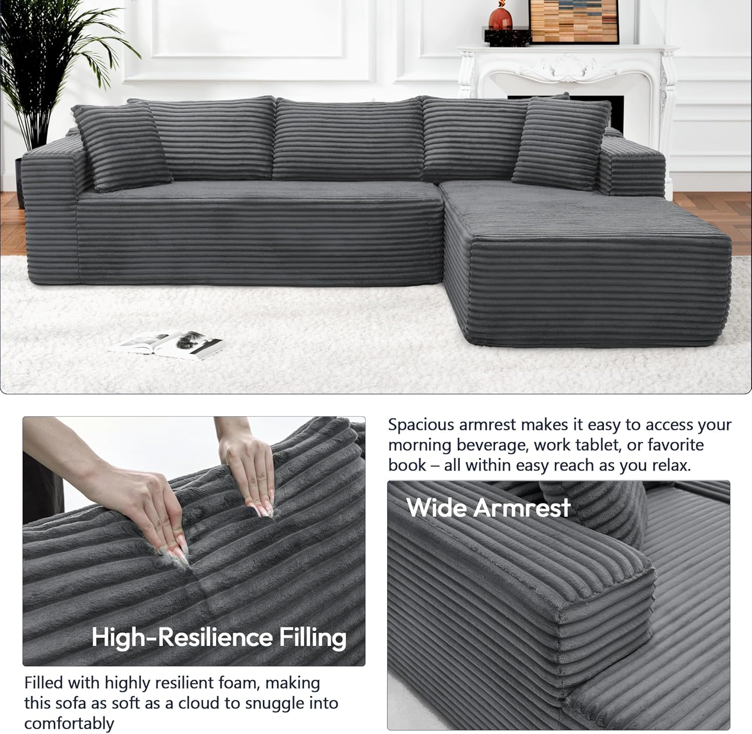 Cloud Sectional Couch, 105" Modular Sectional Sofa with Left Chaise Lounge, Modern Modular L-Shape Sofa with Pillows & Deep Seat, Boneless Couches for Living Room Bedroom, Dark Grey