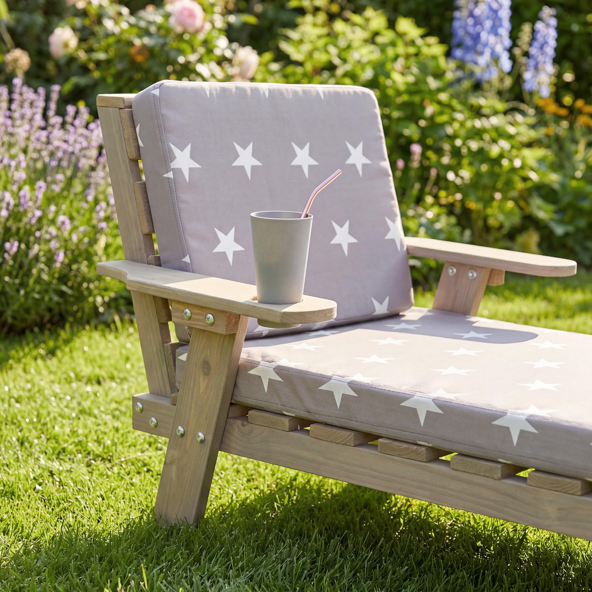 roba Sdraio per Bambini con Cuscini Little Stars - per Esterno, Giardino, Terrazza, all'Aria Aperta - Resistente alle Intemperie - con Portabicchieri - Certificato FSC - Legno Laccato Grigio