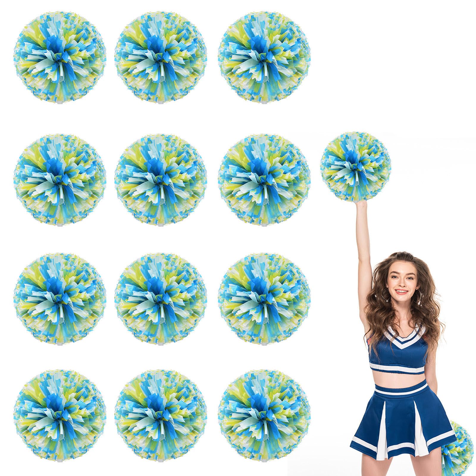 12 Pack Cheerleading pom poms,Cheer pom poms Sports Dance Cheer Plastic Pom Poms Cheerleading for Sports Team Spirit Cheering (Blue+White+Yellow)