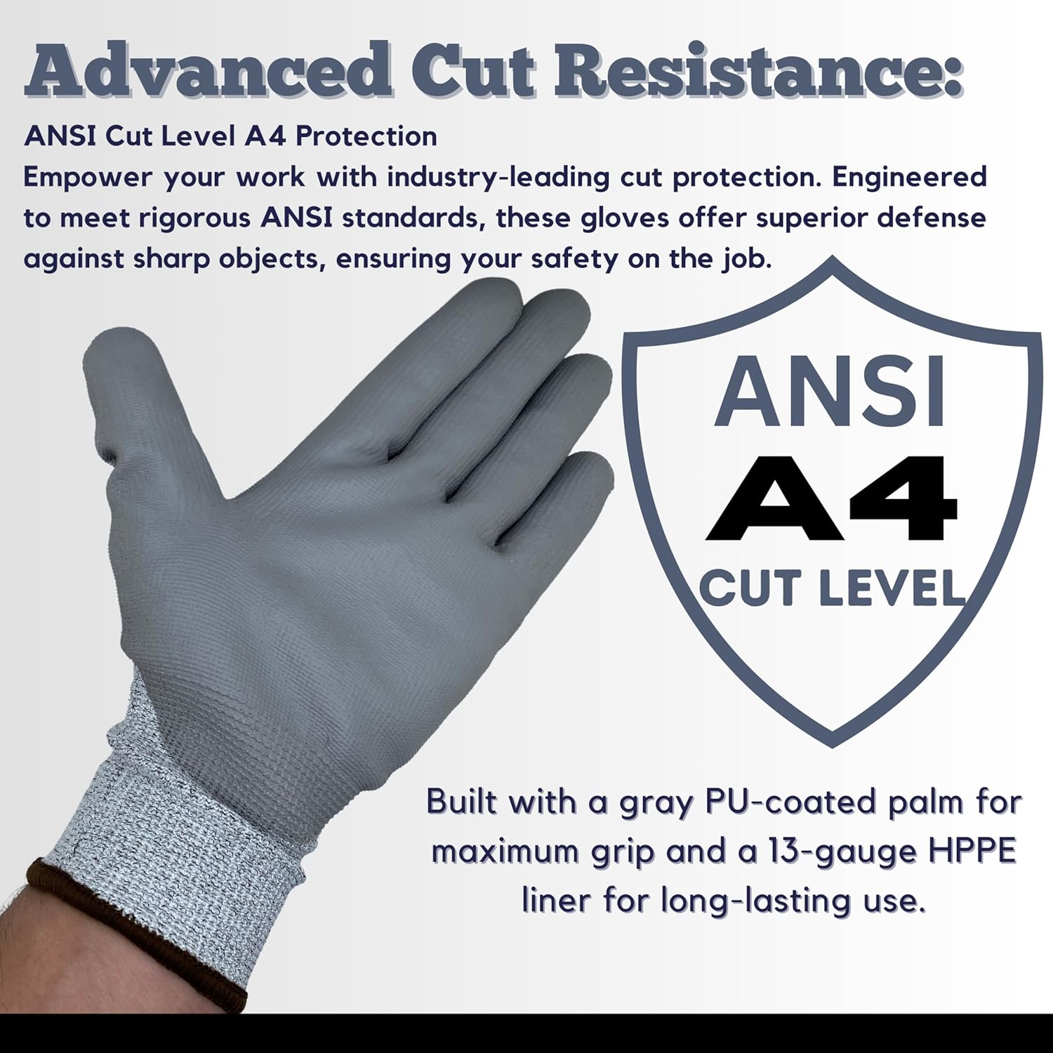 SPARTACUS 13 Gauge Gray HPPE Liner with PU Palm Coating, Superior A4 Cut Resistant Protective Gloves (12 Pair)
