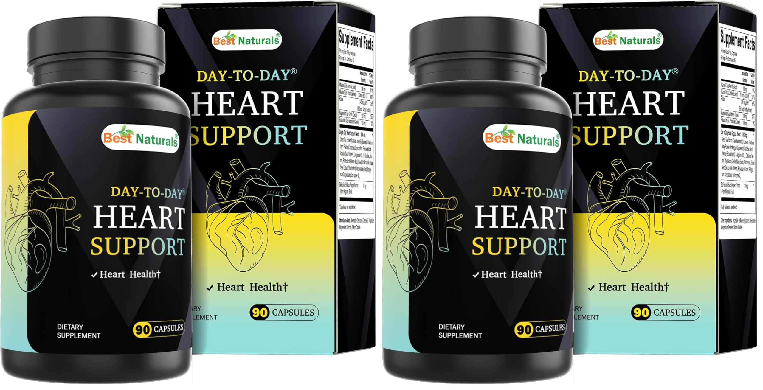 Best Naturals Day-to-Day Heart Health Support with Folate, Green Tea, Hawthorn, Beet Root, L-Arginine, L-Citrulline, Phytosterol, Resveratrol, CoQ10 90 Veg Capsules (Pack of 2) 90 Count (Pack of 2)