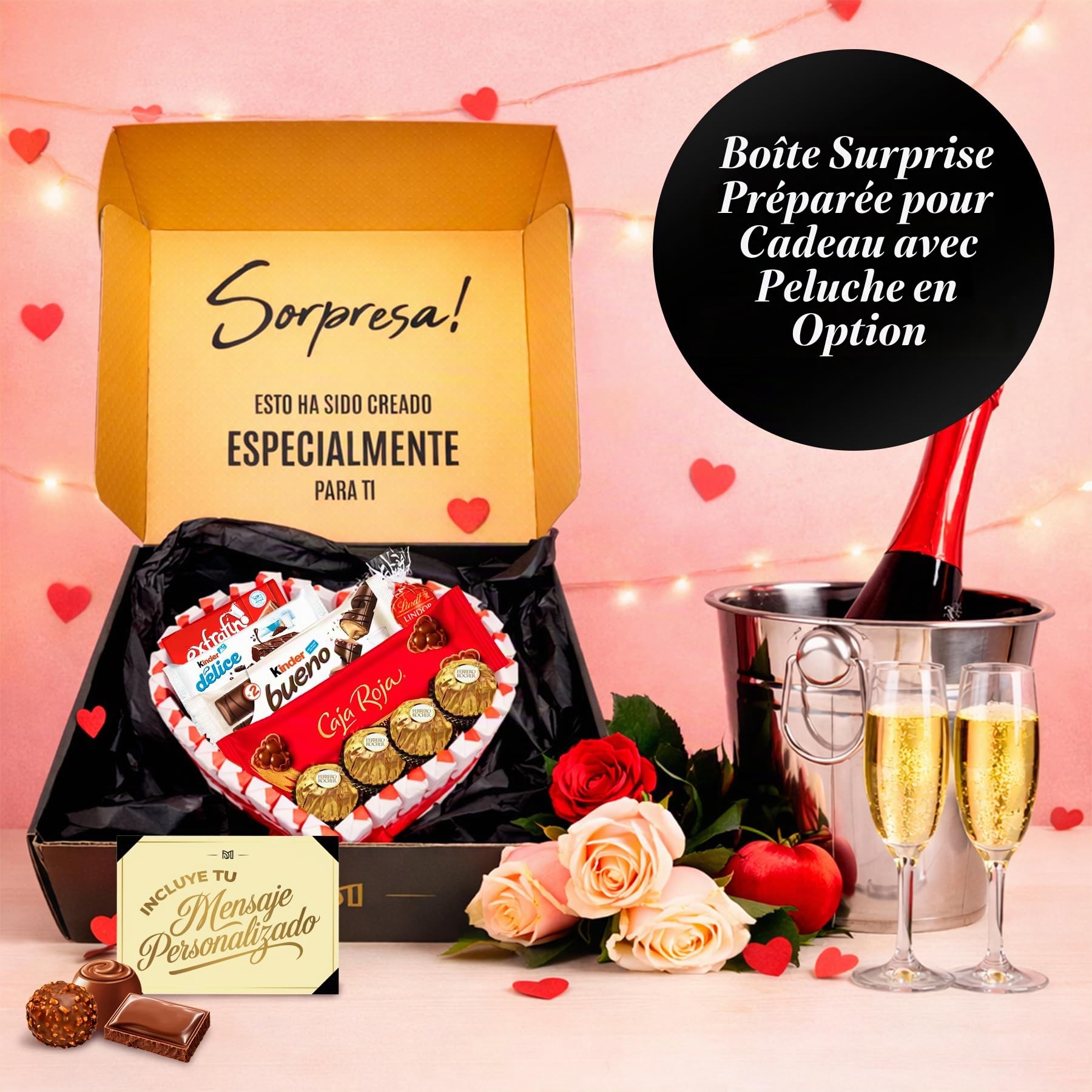 Cœur Surprise Cadeau Saint-Valentin avec +40 Chocolats et Pralines – Ferrero Rocher, Lindt Lindor, Caja Roja, Kinder – Carte Personnalisée et Présentation Spéciale