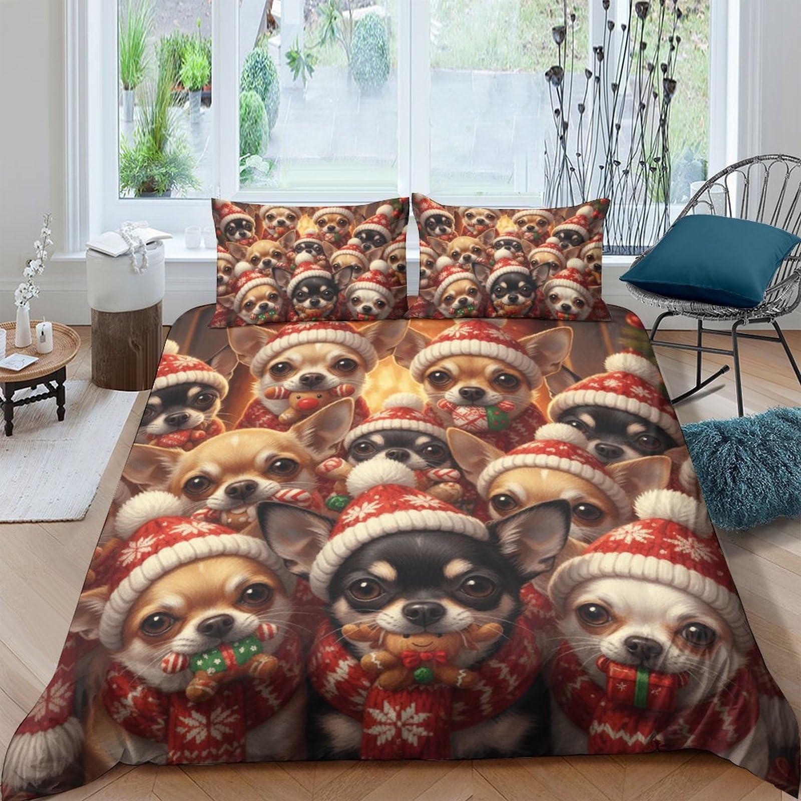 Ctjqhvkz Style-10 3D Printed Christmas Chihuahua Fitted Sheet Microfiber Soft Warm Dog Pattern Mattress Cover Bedroom Decor Single（135X200cm）