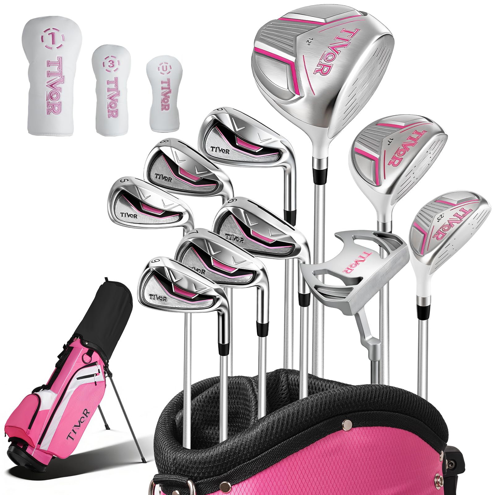 Golf Clubs Set Complete 14-Piece with Driver Fairway Hybrid Irons Putter Stand Bag & 3 Headcovers for Women Men Right Left Handed - Beginner Golf Sets Pink Black