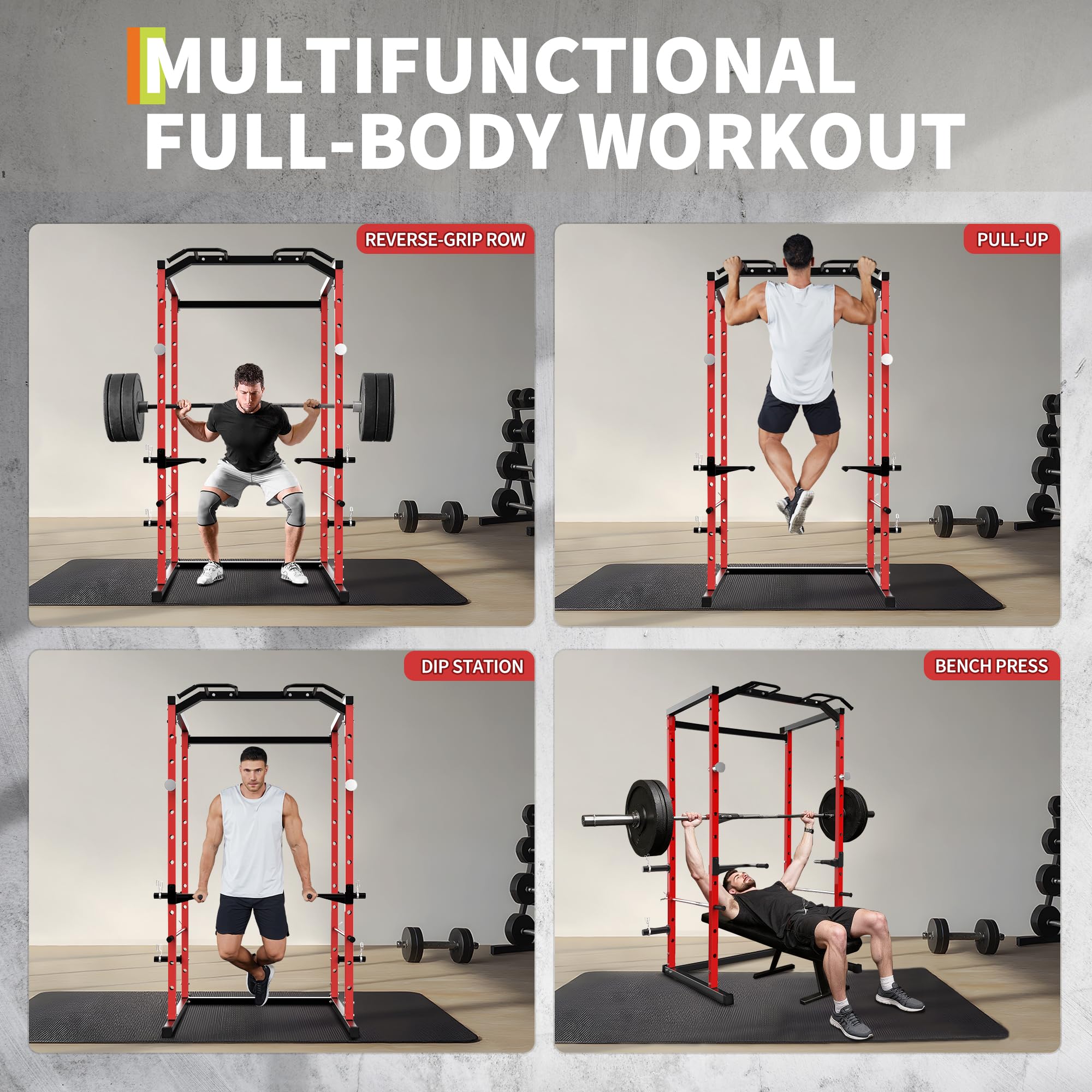 Garvee Cage de Musculation 1100 lbs pour Home Gym – Rack à Squat Multifonction avec Barre de Traction, Station dips, Barres de sécurité réglables – Idéal Force – Couleur Noir et rougeur