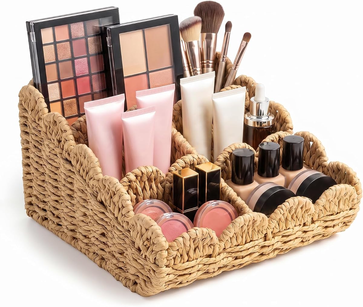 Organizador de maquillaje de tocador de mimbre, cesta festoneada para encimera de baño | Almacenamiento de tocador de cuerda de papel tejido a mano, soporte de 5 compartimentos para cuidado de la piel, carrito de maquillaje para Perfume cosmético para mostrador de dormitorio