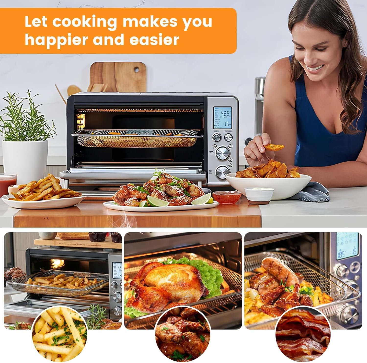 GCQ Smart Oven Air Fryer Pro Accessories for Breville BOV900BSS BOV950BSS, 16.5"D x 11.8"W x 0.5"H Food Grade Steel Dehydrate Mesh Baskets Accessories Tray for Breville Air Fryer Toaster Oven