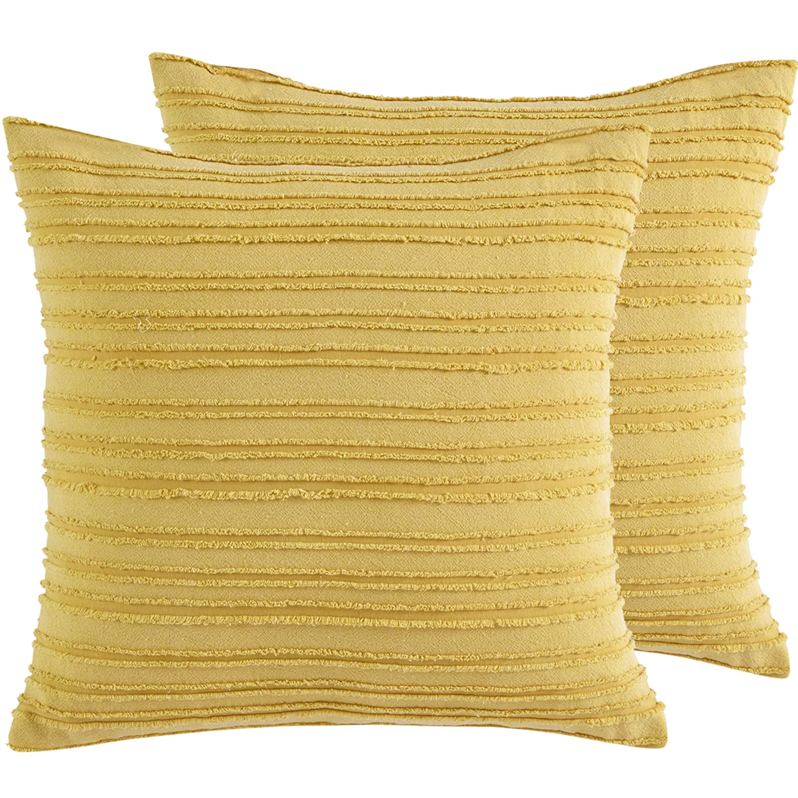 Photo 1 of 2 PACK Set of 2 Decorative Boho Throw Pillow Covers, Yellow 18 x 18 Square Striped Jacquard Cotton Linen Decorative Pillow Cases for Home Decor Sofa Couch Farmhouse Living Room Bedroom 18'' x 18'' Yellow