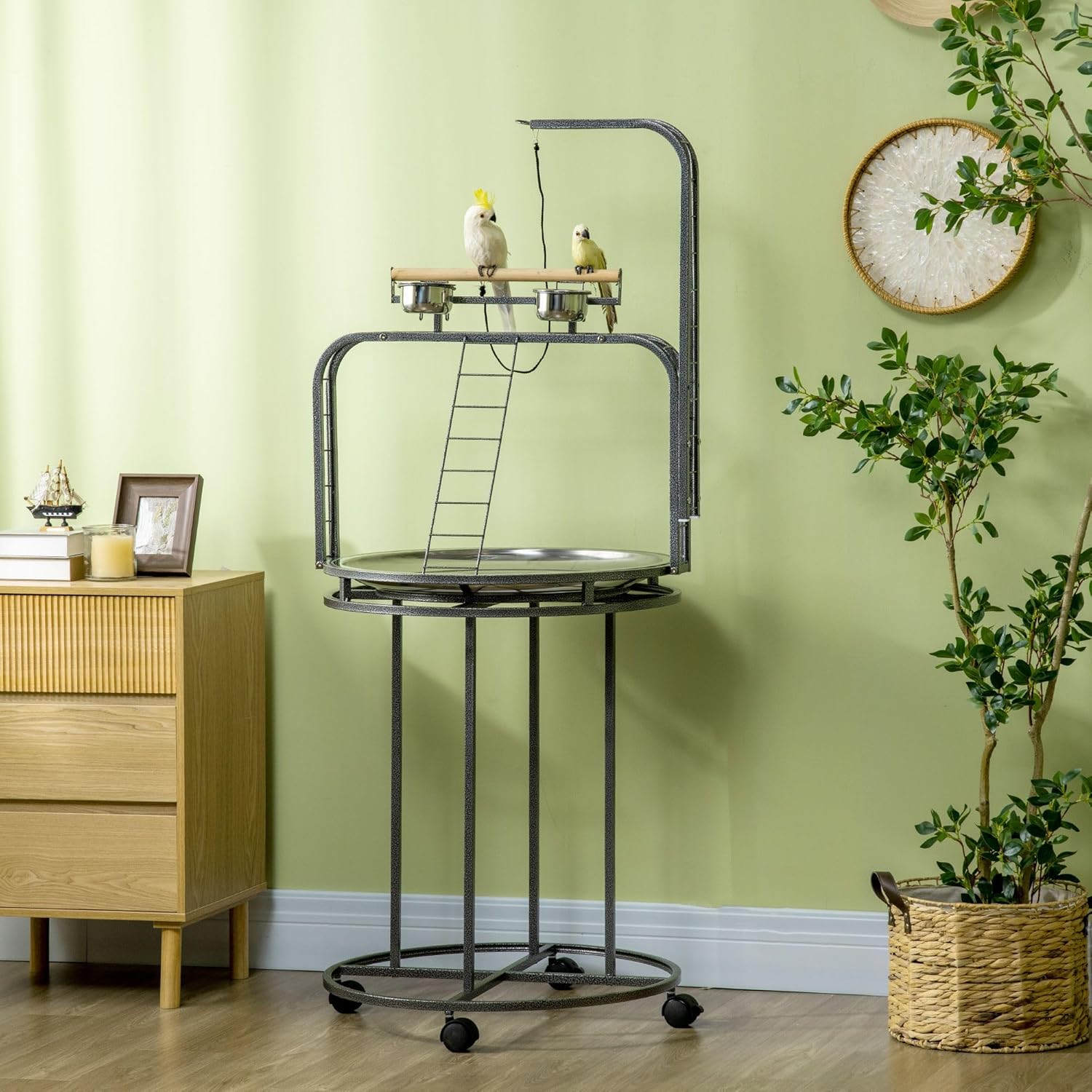 3Ladders 38x11x34inch 5 Pounds Capacity Bird Perch with Toy Hook Durable Natural Eco-Friendly Solid Wooden LightCharcoal