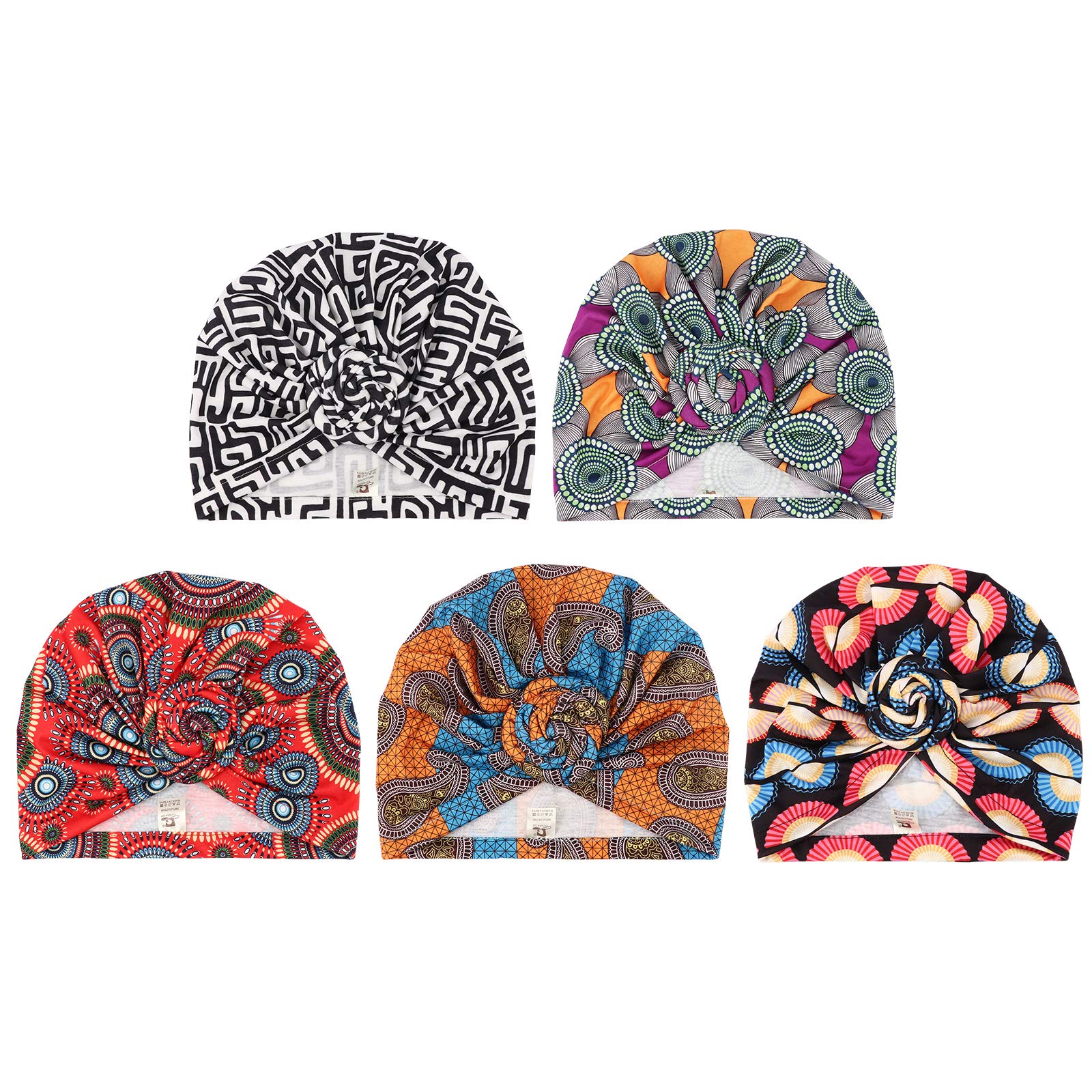DRESHOW 4 Piezas Africano Turbante para Mujer Gorro de Nudo Pre Atado Suave Pañuelo de Cabeza Plisada de Moda Gorra de Dormi