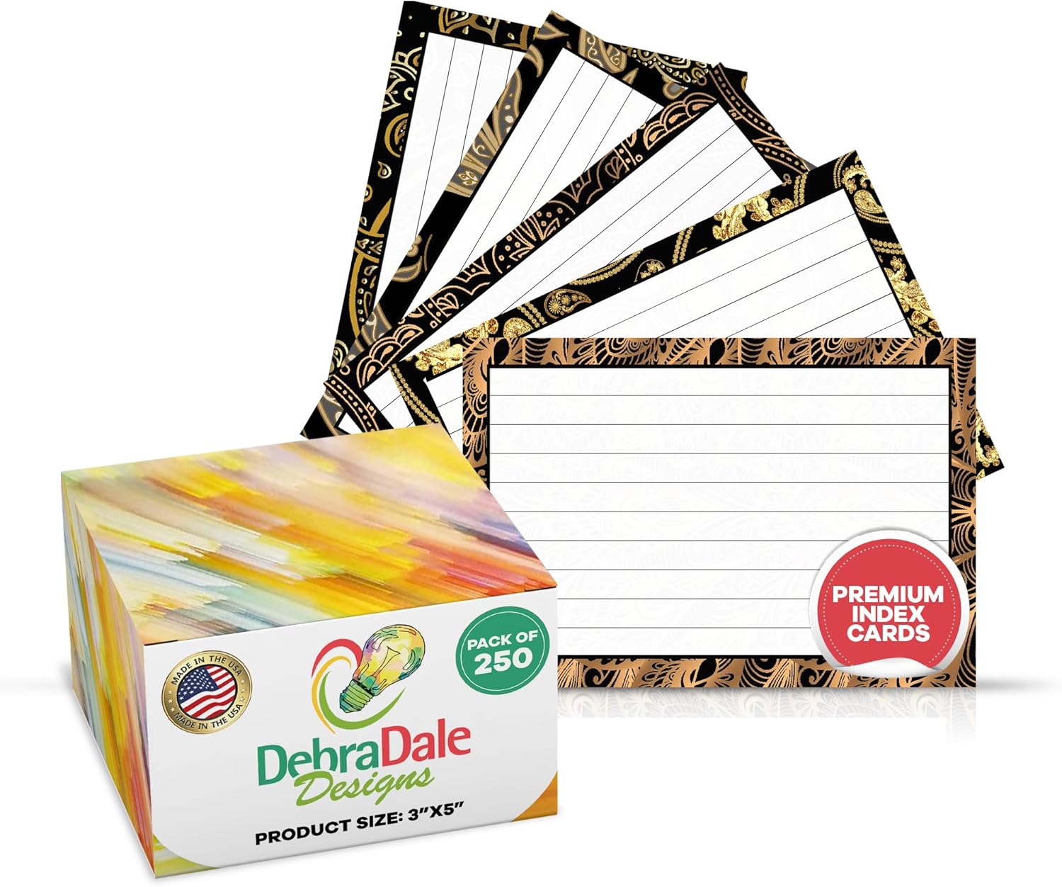 Debra Dale Designs Premium 3x5 Ruled Index Cards | Box of 250 | Unique Black & Gold Borders (Non-Metallic Finish) | Heavy-Duty 140# Cardstock | Perfect for Note Cards, Recipe Cards, Personal Notecards