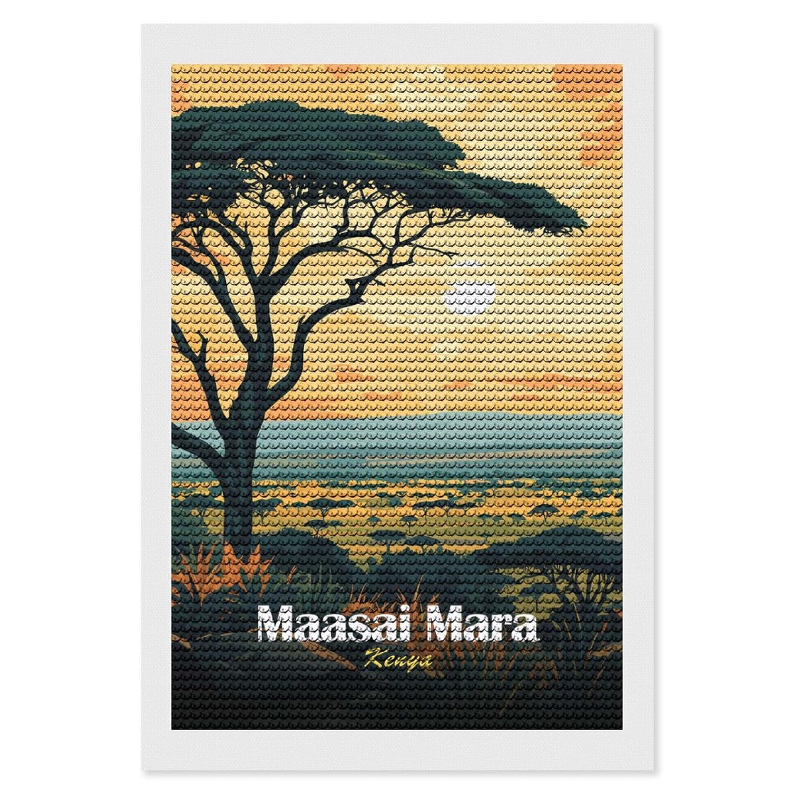 Junmoney Maasai Mara Sunset Landscape Diamond Painting Canvas Set 8"x12", Easy to Enjoy, Adhesive Canvas, Office Decor, Holiday Gift Idea, with Tool Kit