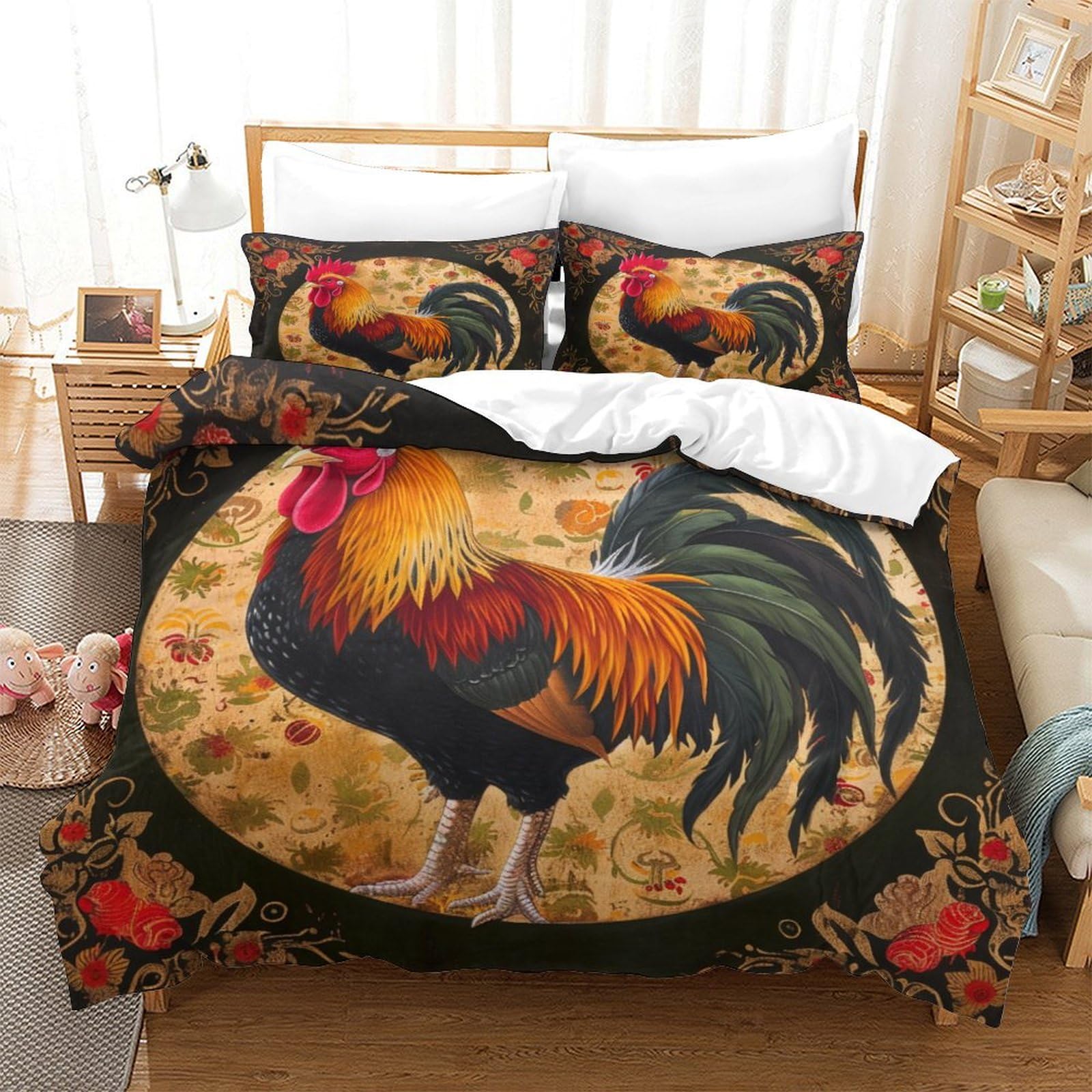 P1s9u7w5y Gallic Rooster-2 Country Art 3D Printed Rooster Duvet Cover Set 3Pcs Microfiber Farm Animal Bedding Set Double（200X200cm）