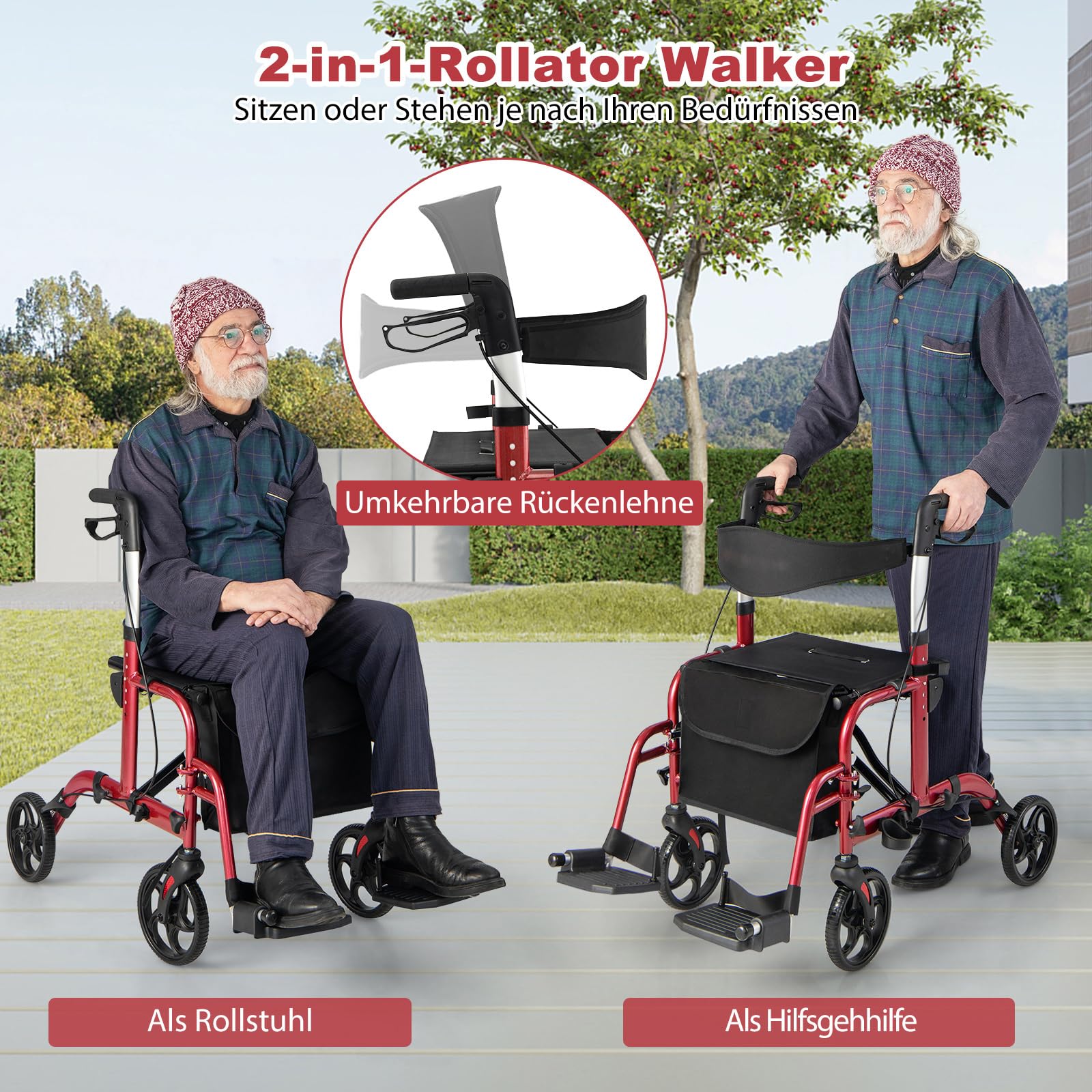 RELAX4LIFE Rollator Faltbar Leichtgewicht, 2 in 1 Rollstuhl Reiserollator, Gehwagen 6-fach Höhenverstellbar, Laufhilfe mit 2 Bremsen Stockhalter Tasche, Aluminiumlegierung bis 136 kg (Rot)