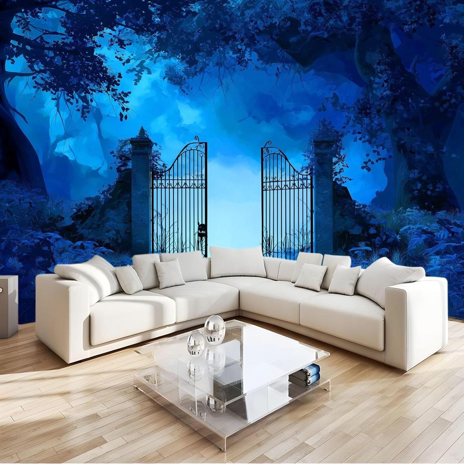 pdghsdkgjh Non-Woven Photo Wallpaper, Dark Fantasy Forest, Dark Blue, for Living Room/Bedroom, 3D Effect wall Sticker - Modern wall Decoration, 250cm x 175cm Stickers - Frameless Painting - Poster
