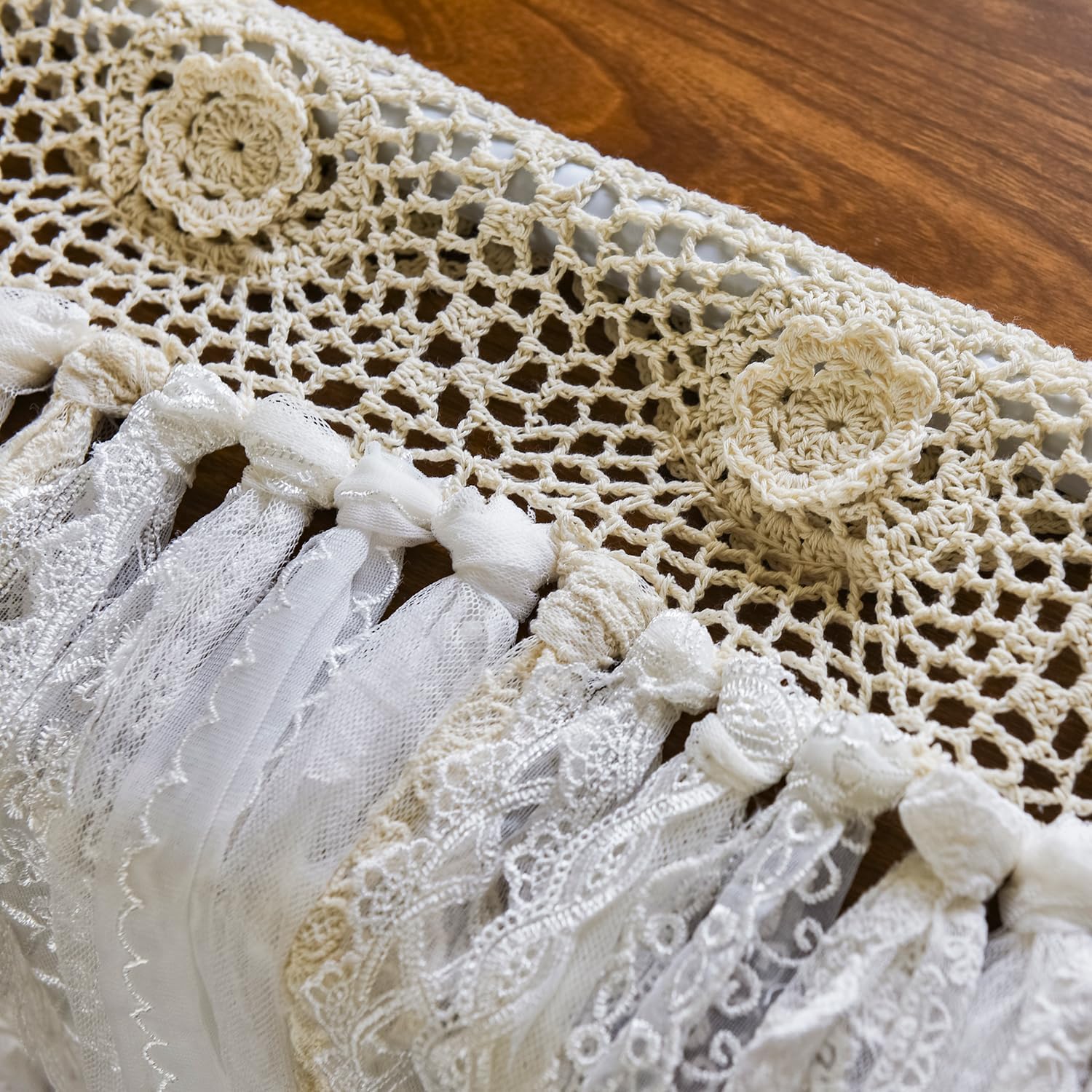 Crochet Boho Curtains With Lace Trim Ribbon Hand Made Lace Window Topper Farmhouse Kitchen Curtains 45 Inch Length,Cottagecore Bathroom Curtain Panel Ceremony Party Home Decorations Ivory/Cream