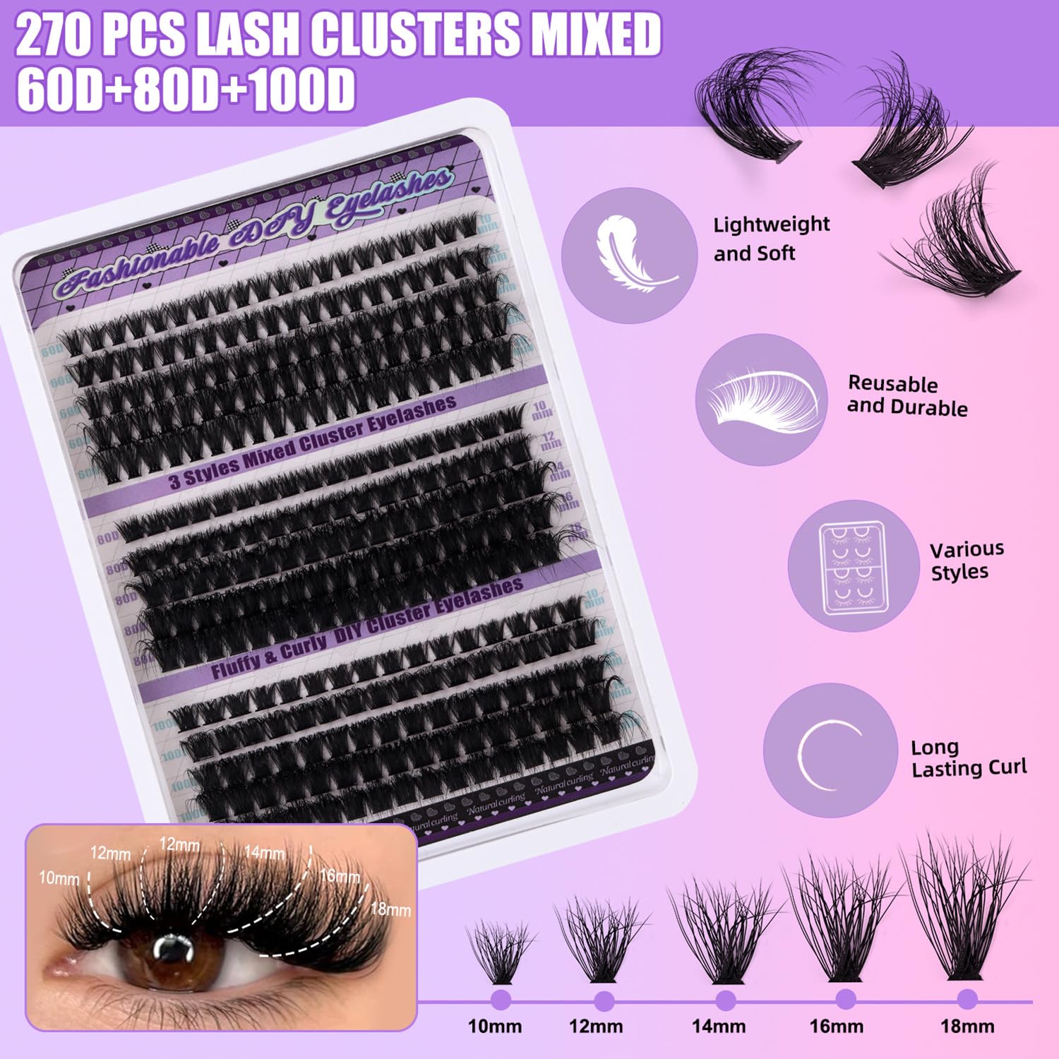 LYMYBETY Fluffy Individual Eyelashes Kit 270Pcs D Curl Cluster Lashes 10-18mm DIY Lash Extension kit Russian Individual Eyelashes with Lash Bond and Seal,Tweezers for Beginners(60+80+100 KIT - Image 3