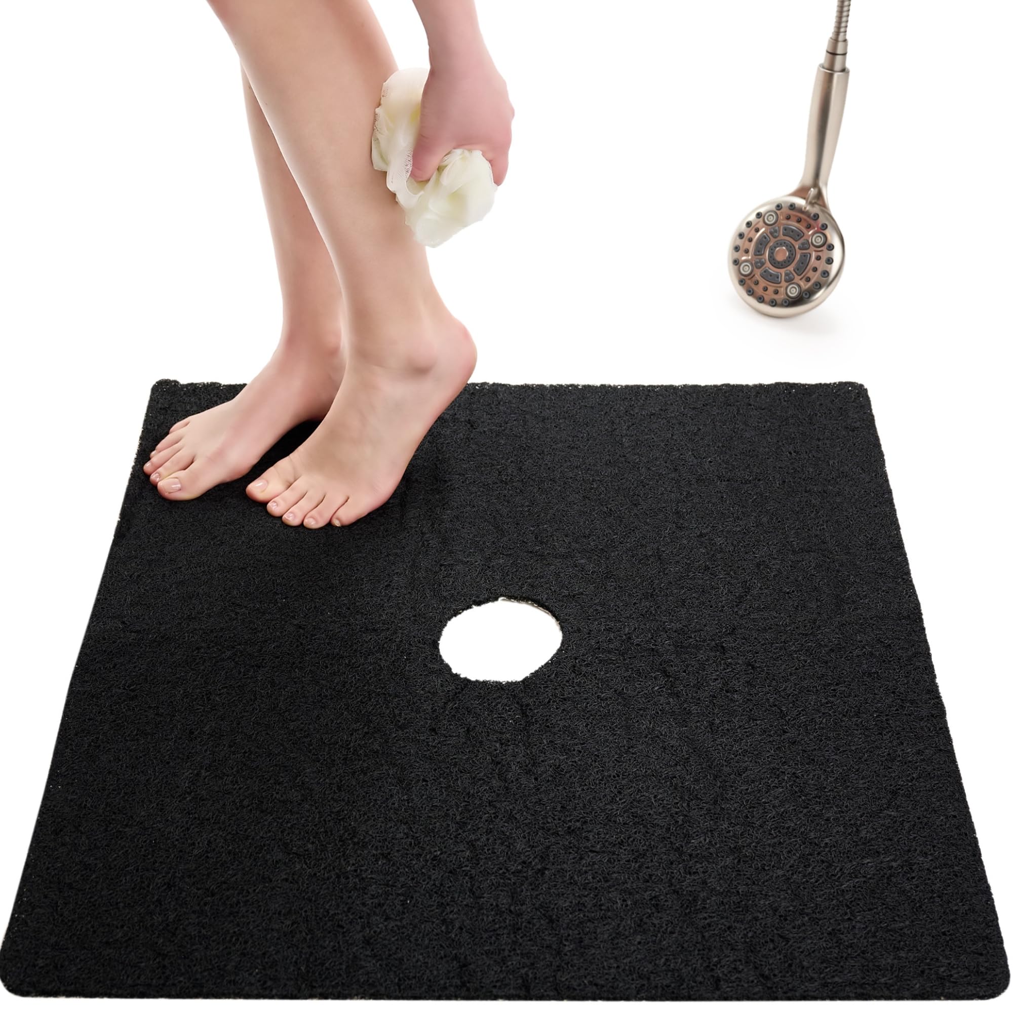 Enkosi Loofah Shower Mat with Drain Hole – Cushioned Anti-Slip Square Bath Mat for Showers, and Bathroom Floors – Textured PVC, Non Slip Safety Pad for Walk-in Stalls and Wet Areas (27x27 Black)