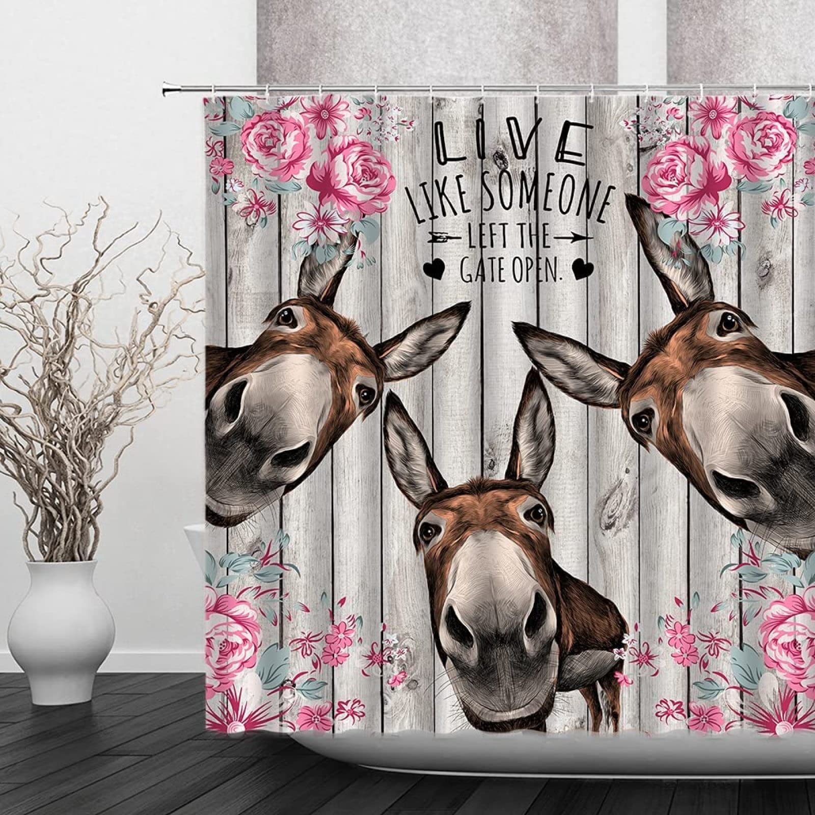 Donkey 3D Shower Curtain, Flowers Shower Curtains Mould Proof Resistant Waterproof Bathroom Curtains, Washable Polyester Fabric Bath Curtains with 12 Hooks, 240 x 200 cm