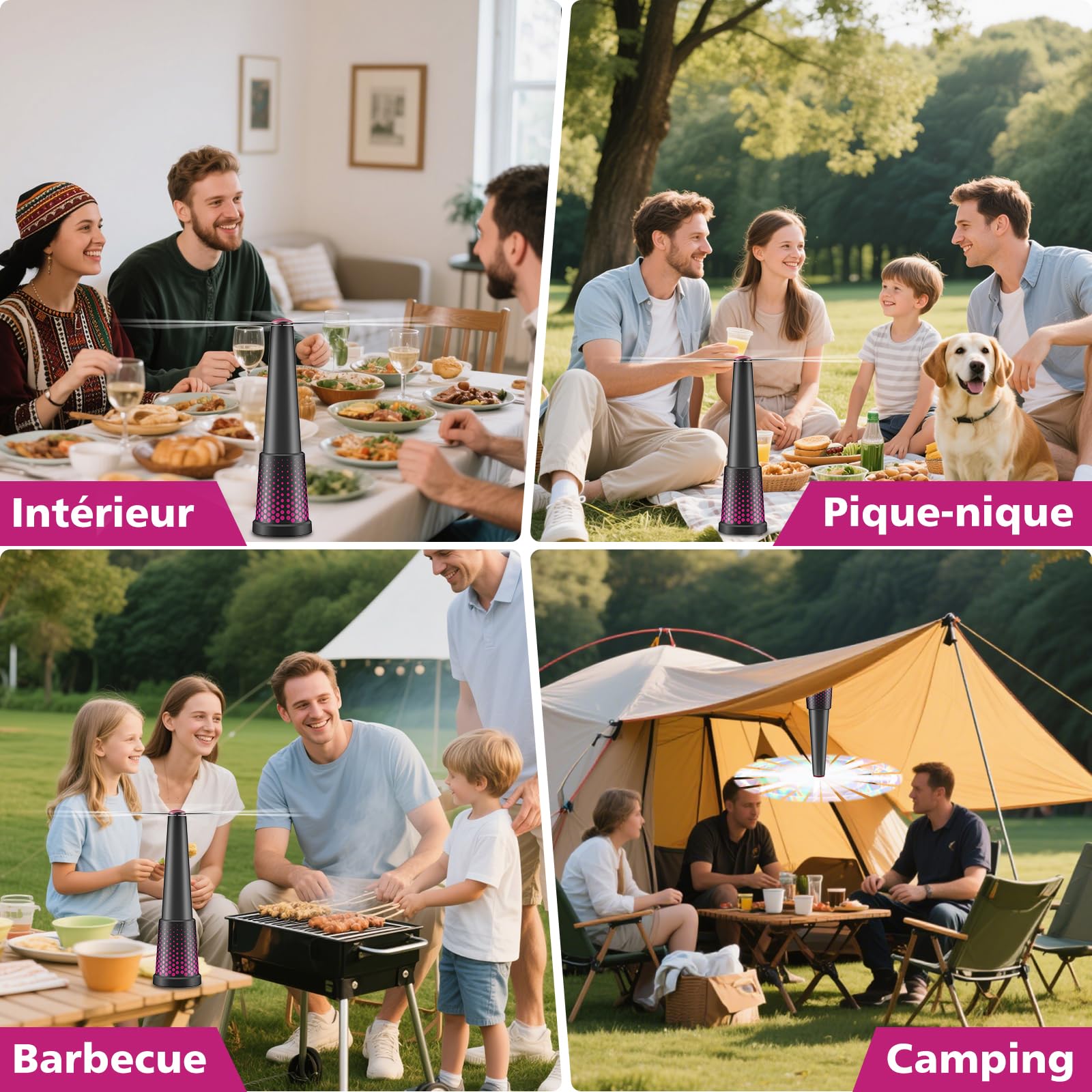 Ventilateur Mouche Table,Pliable et Extensible,Sans Produit Chimique, Alimenté par Piles pour Intérieur et Extérieur Terrasse, Restaurant, Pique-Nique, Barbecue-4 Pièces Violet