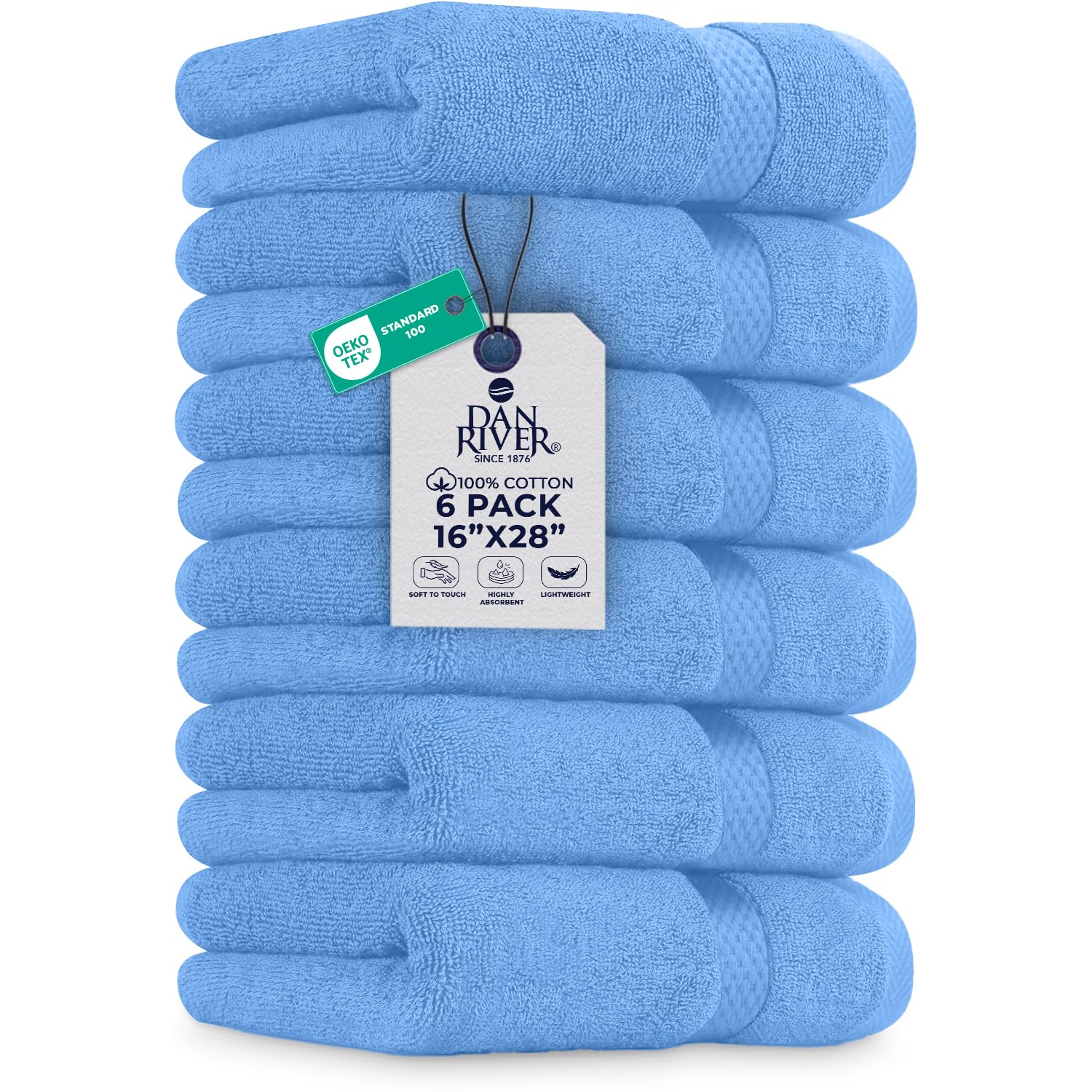 DAN RIVER 6-Pack Premium Hand Towels (16x28 Inches) - 100% Cotton, Ultra Soft, Lightweight, Highly Absorbent Towels for Bathroom, Spa, Gym, Salon,