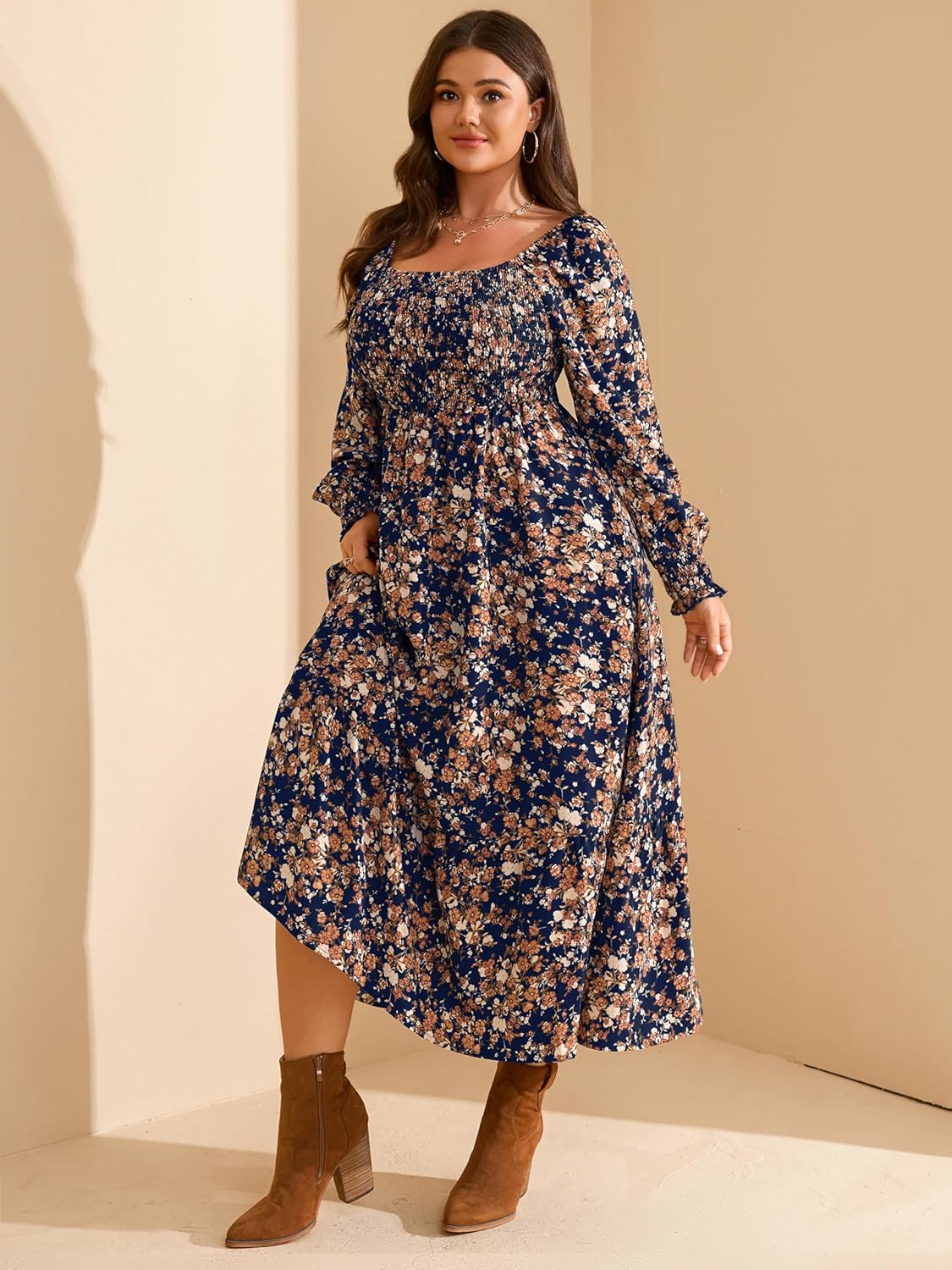 RWJ Women's Plus Size Fall Dress Long Sleeve Square Neck Floral Print Smocked A Line Boho Flowy Maxi Dresses with Pockets - Image 3