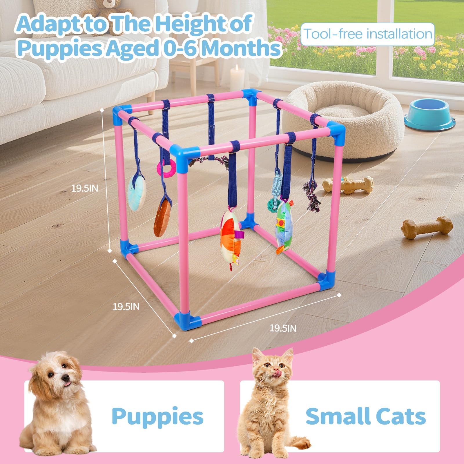 Liitrton Welpenspielstudio – Spielstudio für kleine Hunde mit 8 hängenden Spielzeugen, Indoor-Welpen-Dschungel-Fitnessstudio mit interaktivem Hundespielzeug, 49,5 x 49,5 x 49,5 cm, PVC-Rahmen (Rosa) | 49,5 x 49,5 x 49,5 cm PVC-Rahmen, Indoor-Welpen-Dschun