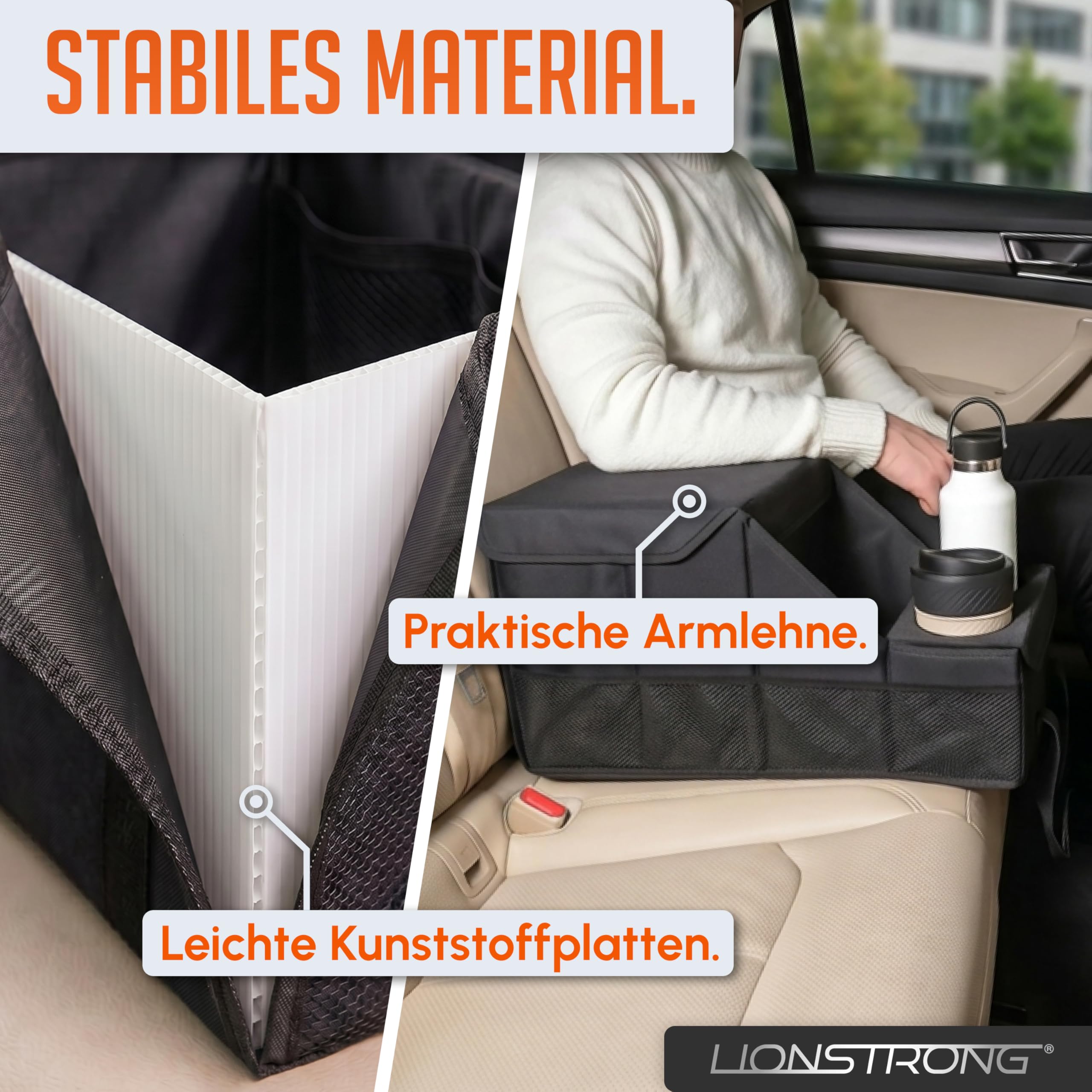 LIONSTRONG® Auto Organizer [EXTREM STABIL DURCH KUNSTSTOFFPLATTEN] - Universeller Rückbank Organizer für den Rücksitz & Beifahrersitz - Ideal für den Urlaub, viel Platz für Spielzeug - Wasserabweisend