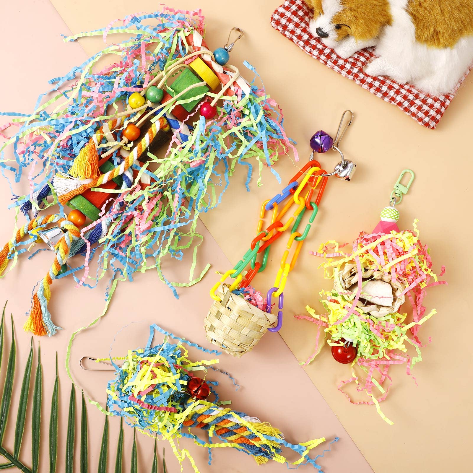 Vogel-Spielzeug-Set, 4 Stück – Schredder-Spielzeug Aus Rattan & Buntem Papier Für Sittiche & Finken