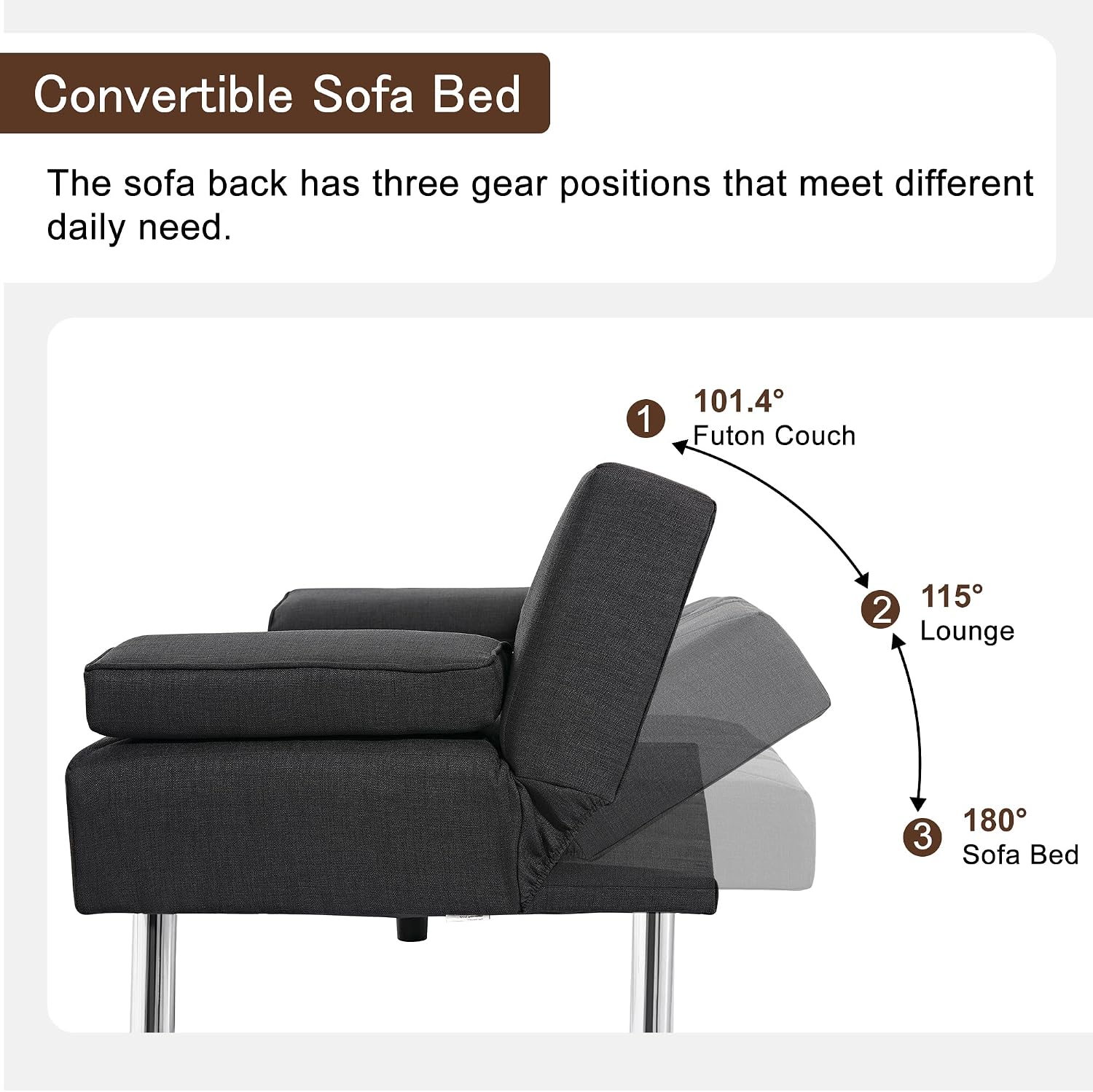 VECELO Modern Convertible Folding Futon Sofa Bed with Removable Armrests Breathable Linen Recliner Couch for Living Room/Apartment Lounge, 2 Cup Holders, Black