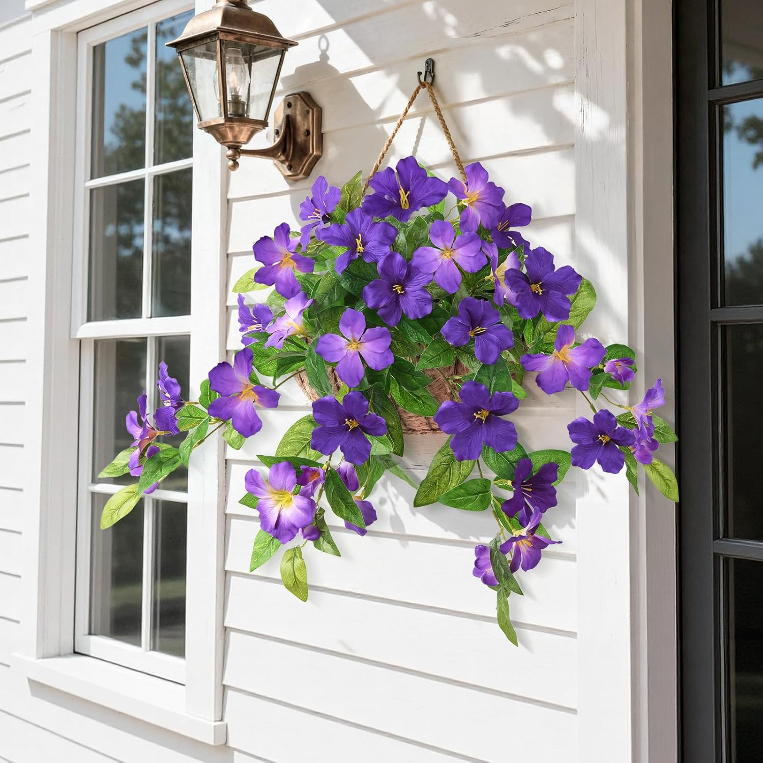 Homsunny Artificial Fake Flowers Plants Outdoor, 2PCS Realistic Faux Silk Flowers UV Resistant Fake Outdoor Flowers for Spring Outside Porch Garden and Home Patio Yard Decor (Double Purple) - Image 5