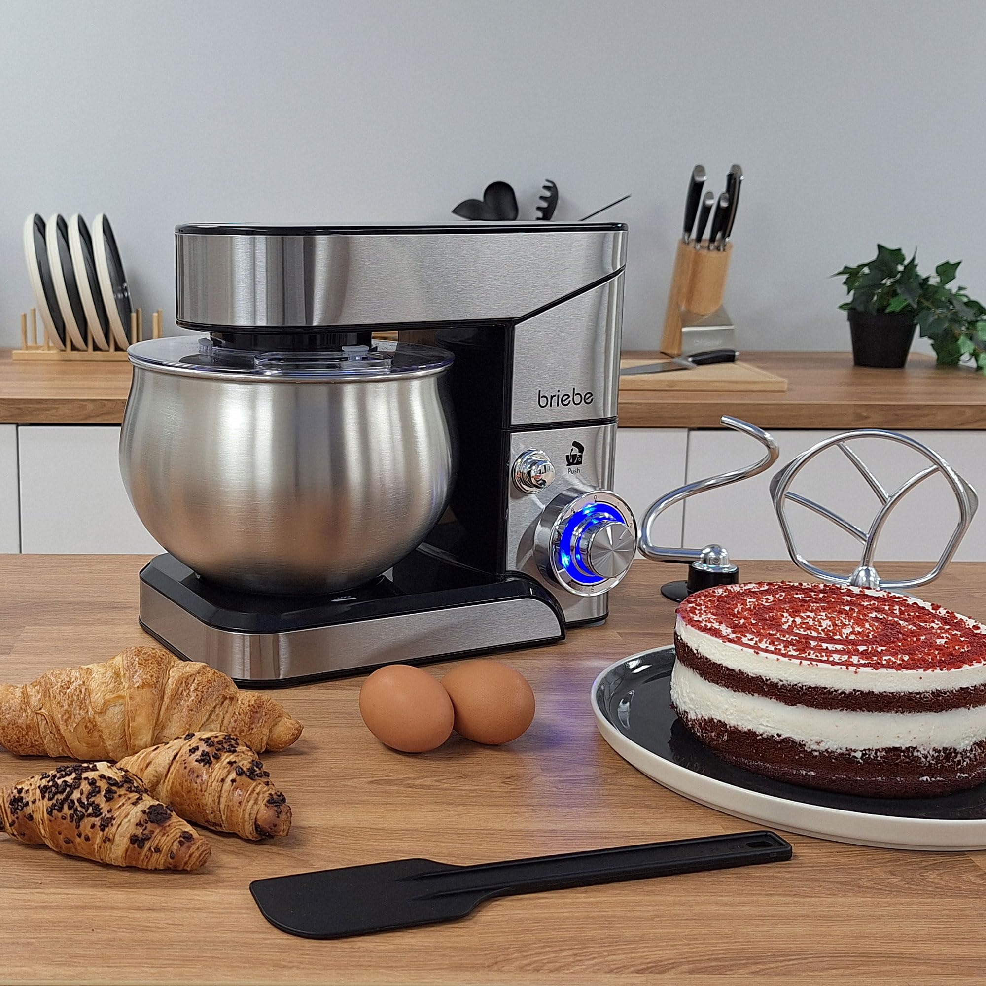 briebe Mikser do ciasta 1800 W MAX, profesjonalny robot kuchenny, ruch orbitalny, pręty, hak do ciasta, łopatka do mieszania, 5 l, 6 prędkości + funkcja pulsu, Inox KM1114