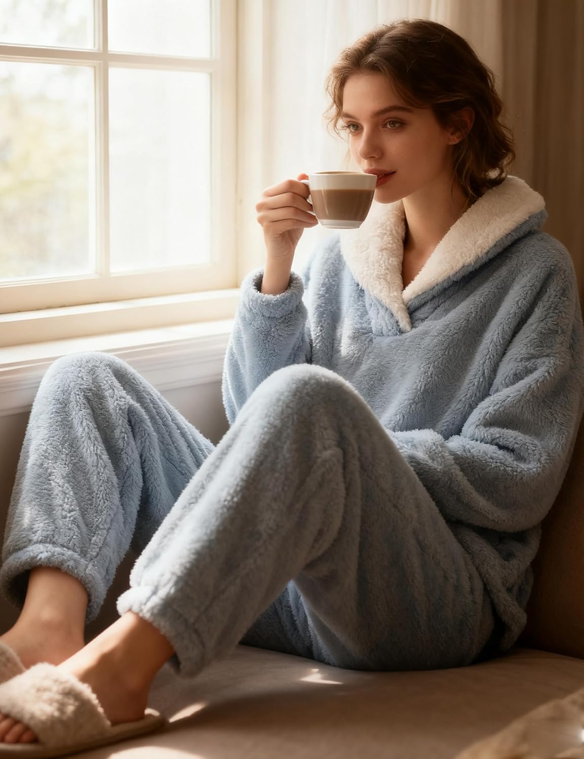 Faleave Womens Winter Fluffy Pajamas Set Warm Fleece Pants Pullover Plush Sleepwear - Image 5