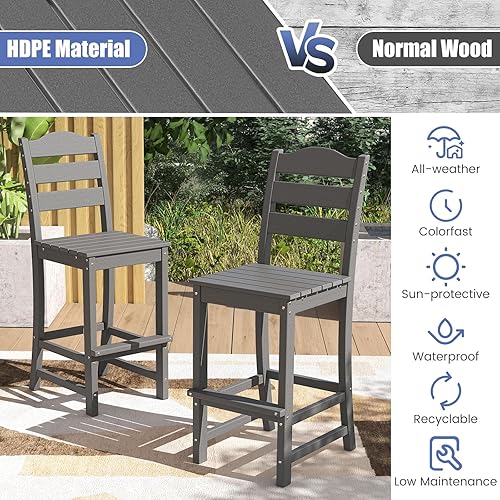 Miniatura 5 de Tangkula Taburete de bar de polietileno de alta densidad para patio, silla de bar alta para exteriores con respaldo y reposapiés, silla de madera y