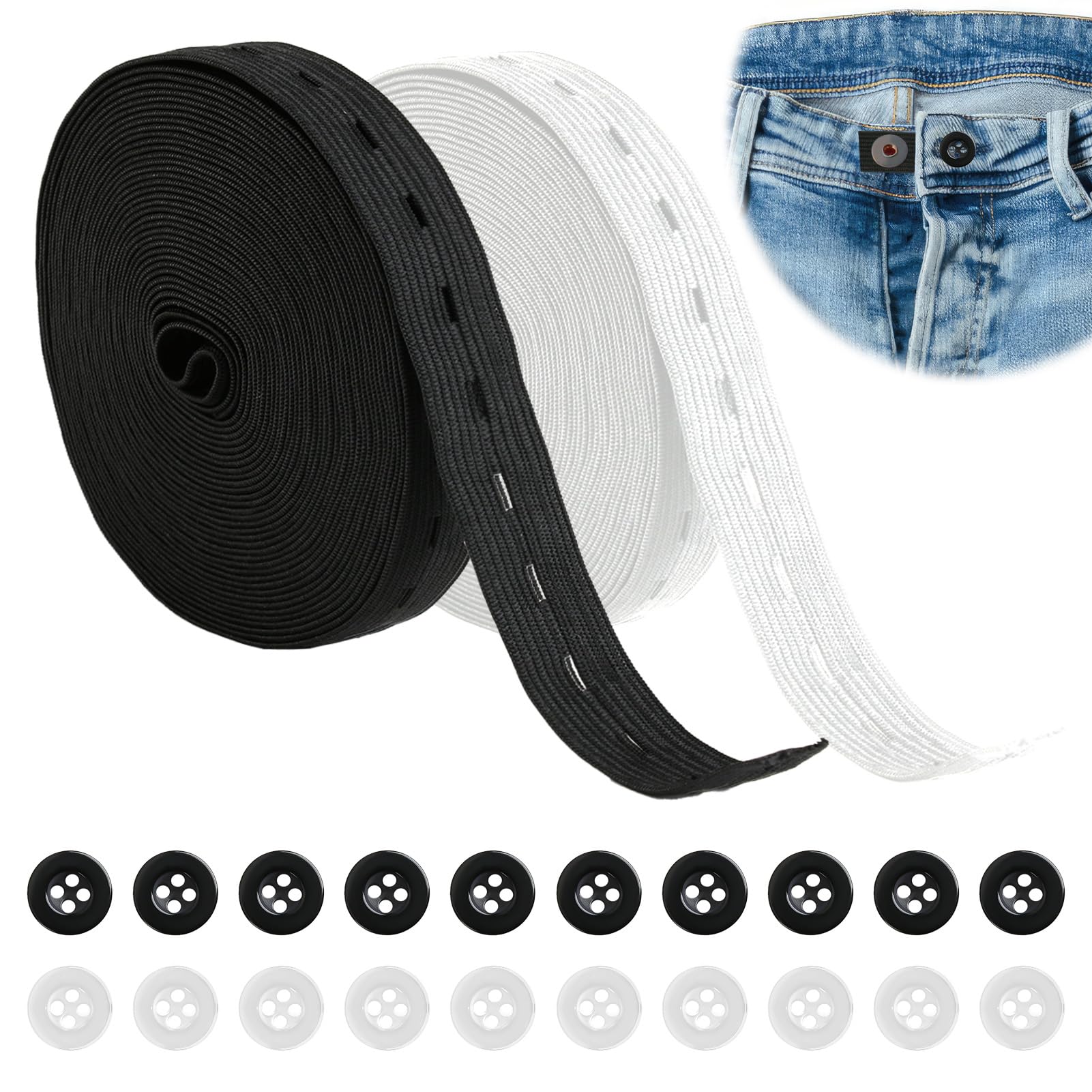 Élastique à Coudre Large 20mm Avec Boutonnière - 14m Réglable (7m Noir + 7m Blanc) + 20 Boutons Résine Pour Agrandir Taille Pantalon, Jupe, Ceinture