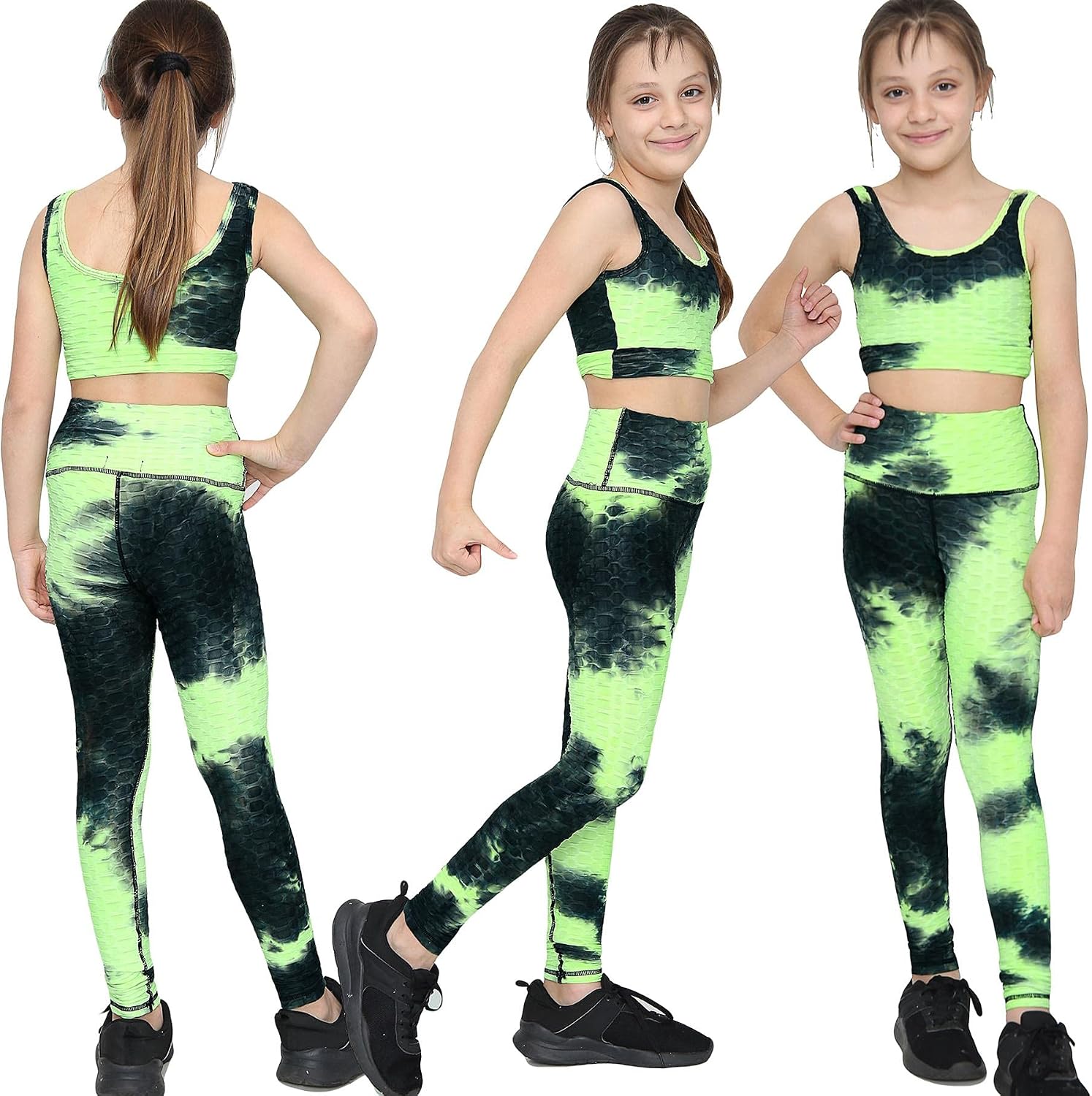 A2Z 4 Kids Girls Honeycomb Leggings Crop Top Vest Gym Dance Yoga Exercise High Waist Set