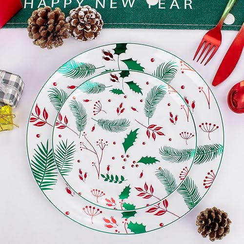 Miniatura 3 de Liacere 150 platos de plástico de Navidad, platos de plástico verde y rojo, platos de fiesta de Navidad incluyen 60 platos de bayas de acebo, 90