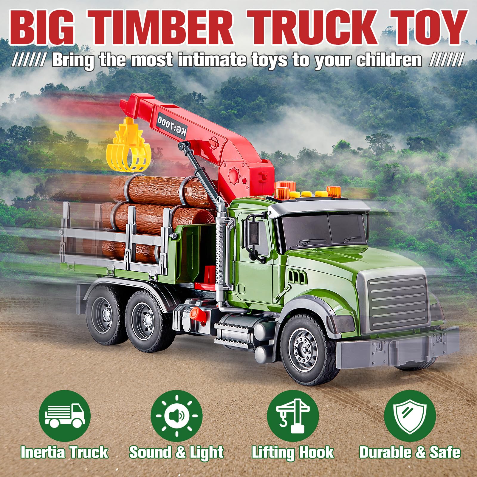 Tacobear Camion Transport de Bois 1:16 - Grand Véhicule Transporteur avec Lumière, Son et Grue de Chargement - Cadeau pour Enfants Garçons 3-6 Ans