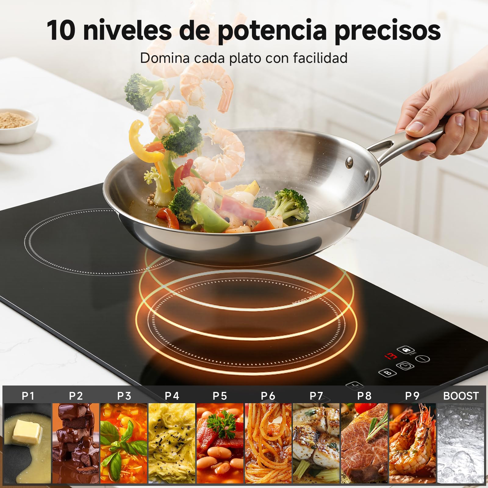 AMZCHEF placa induccion 2 fuegos con calentamiento continuo, 10 niveles de potencia y Boost, bloqueo de seguridad y temporizador, protección contra sobrecalentamiento, empotrable/portátil, 3700W