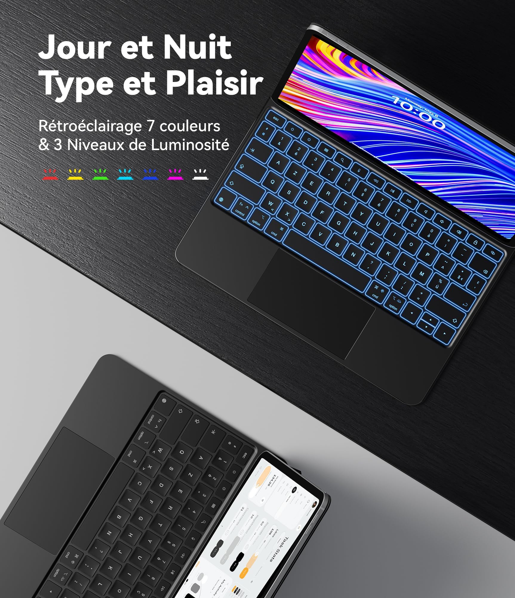 CHESONA Clavier Magic pour iPad Air 13" (M4/M3/M2) et Pro 12.9" (3e-6e gén) | Flottant Magnétique Conception avec Touchpad, Rétroéclairage 7 Couleurs, Noir