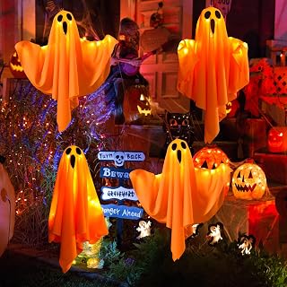 Dekoracje na Halloween, CNMTCCO Halloween, 4 opakowania wiszących dekoracji duchów ze światłami LED, wiszące dekoracje na imprezę, patio, drzwi, okno, drzewo, werandę, do domu, na trawnik, ścianę